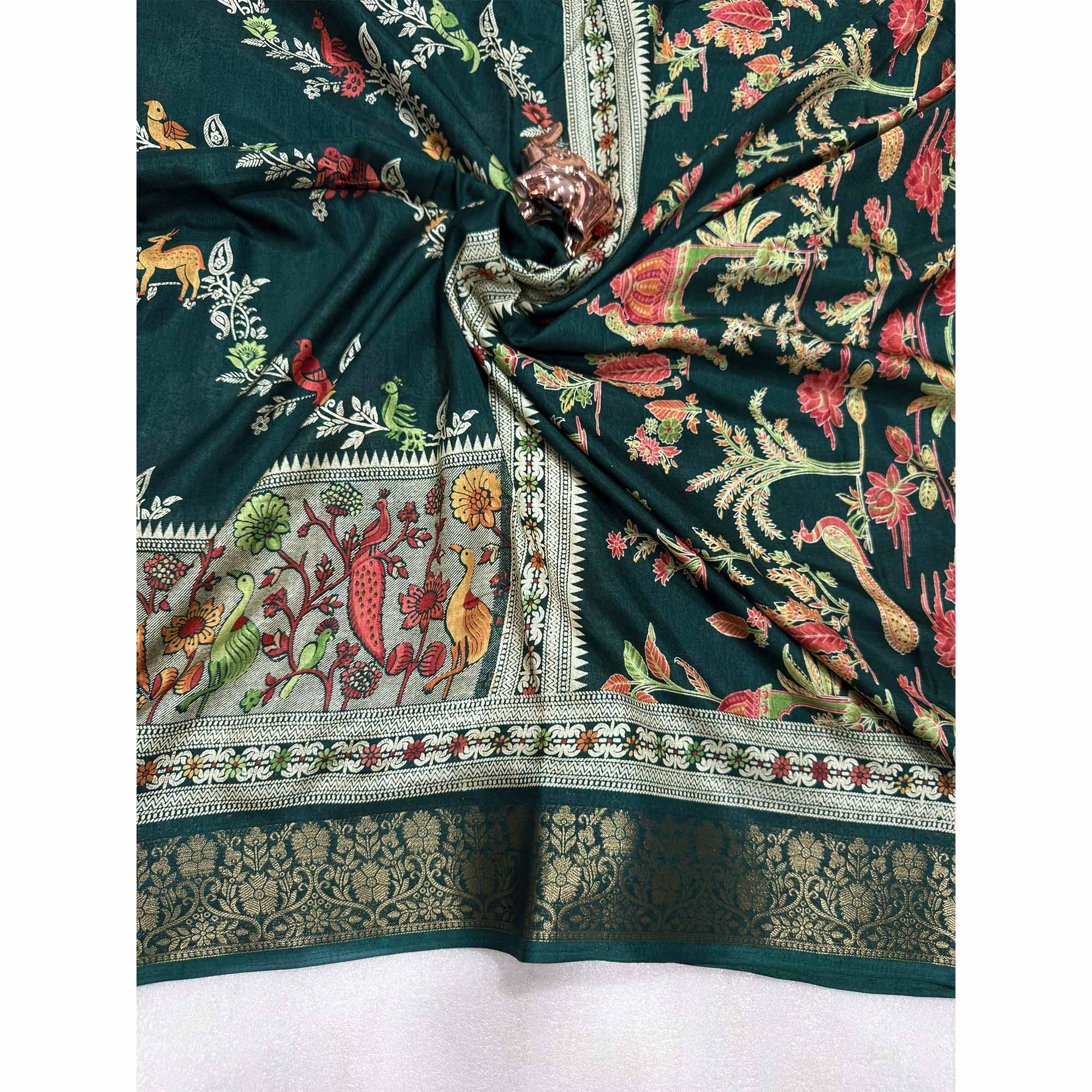 Designer Morpich Green Dola Silk Saree Featuring Intricate Floral Zari Weaving