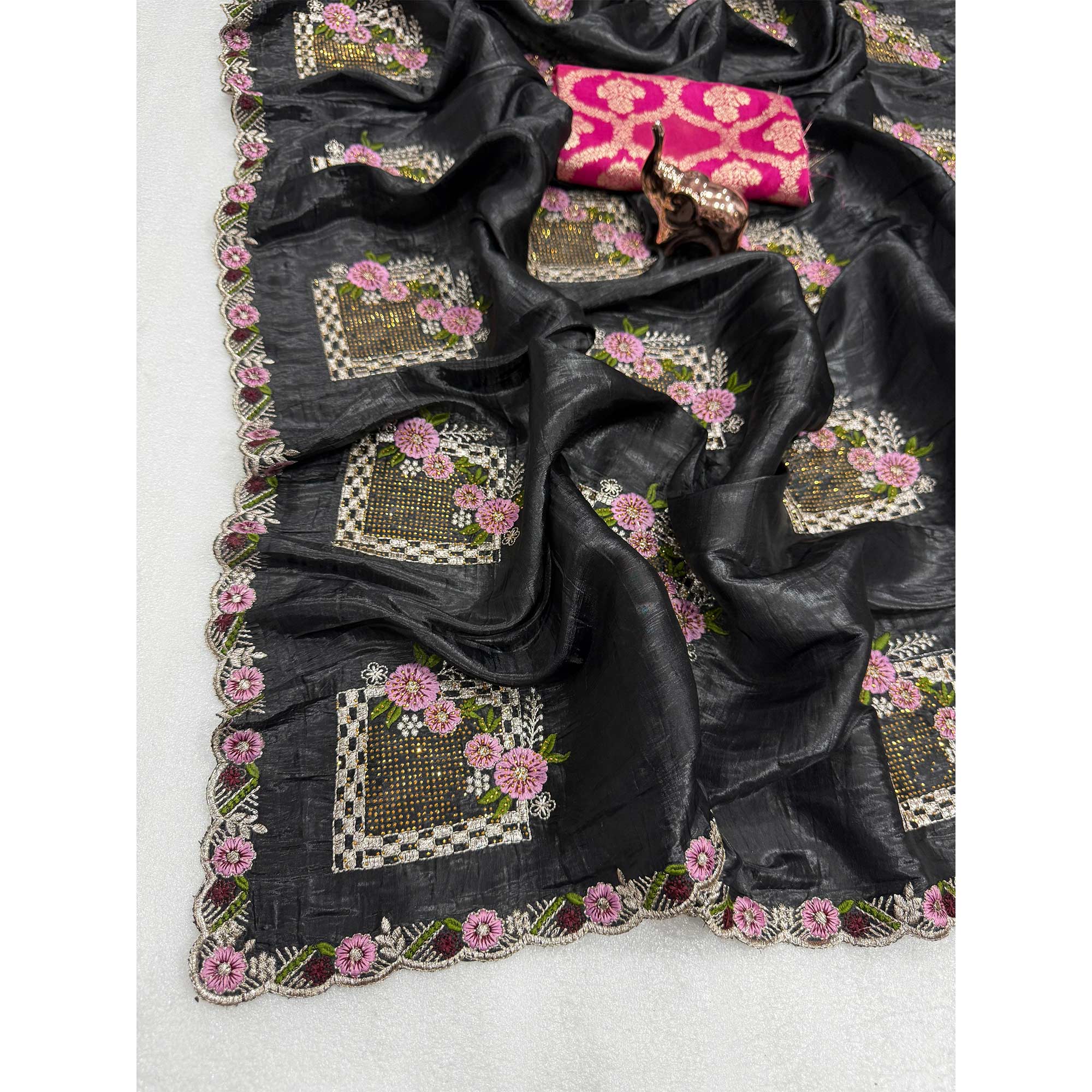 Stunning Black Floral Embroidery & Swarovski Adorned Paper Silk Saree with Cutwork Border