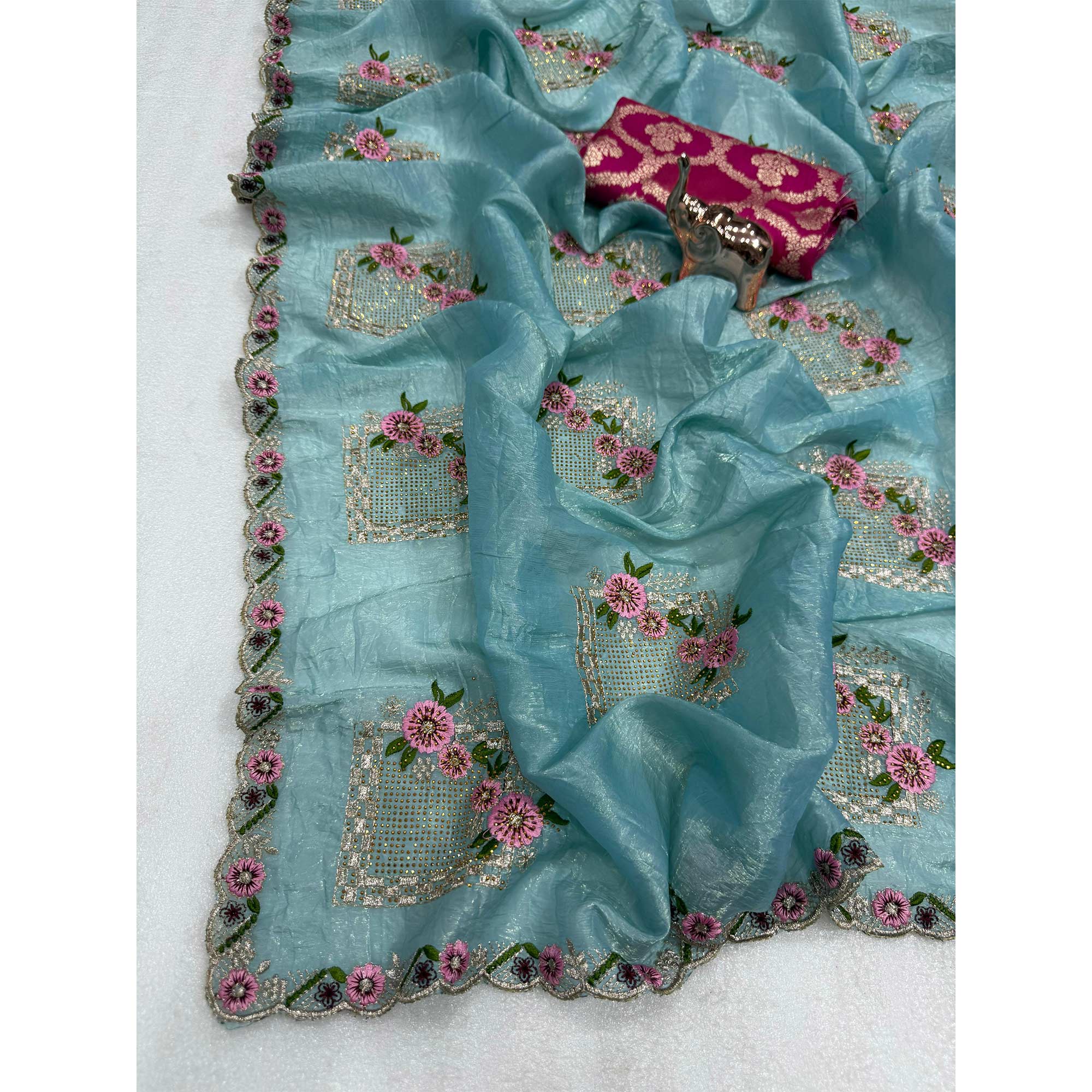 Stunning Blue Floral Embroidery & Swarovski Adorned Paper Silk Saree with Cutwork Border
