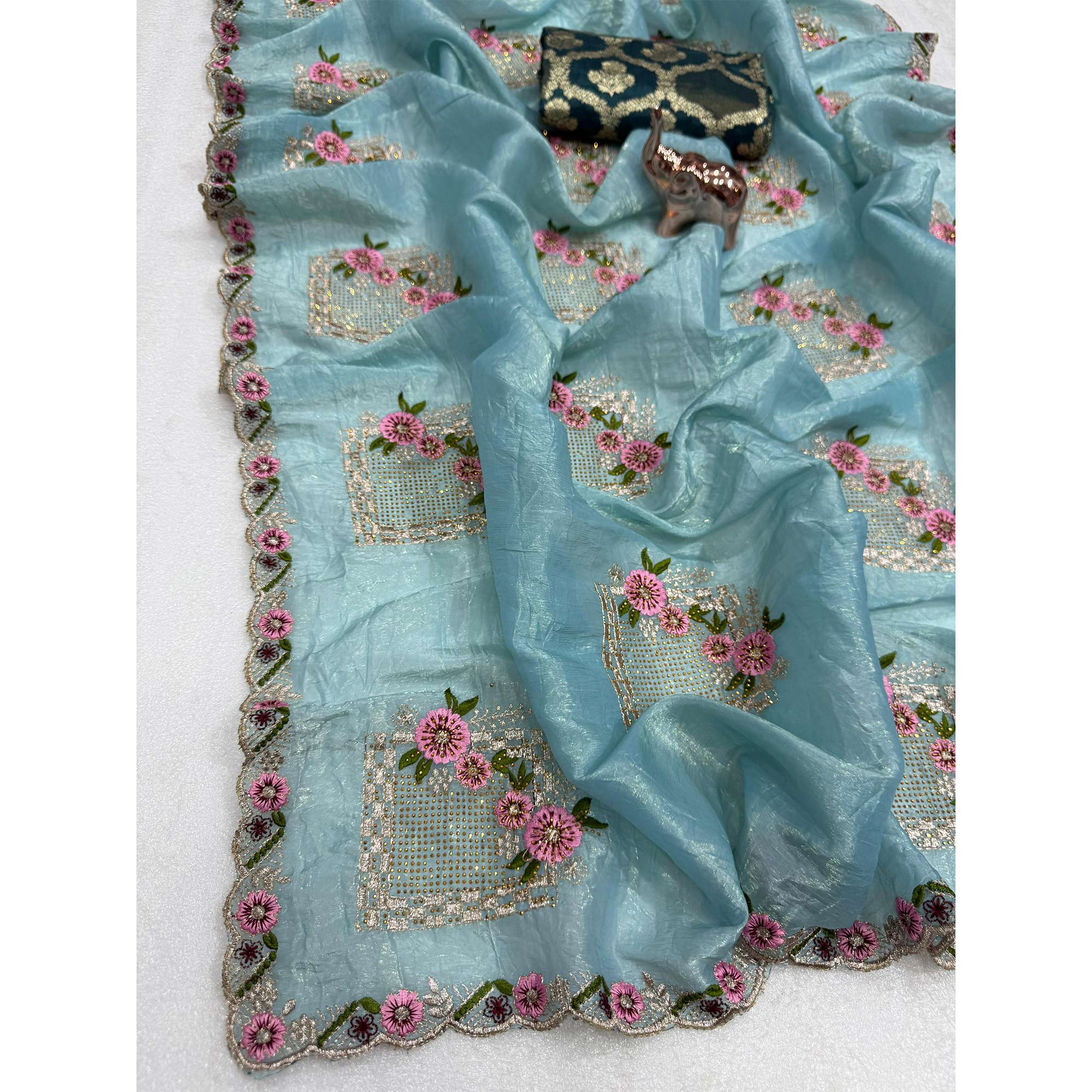 Stunning Blue Floral Embroidery & Swarovski Adorned Paper Silk Saree with Cutwork Border
