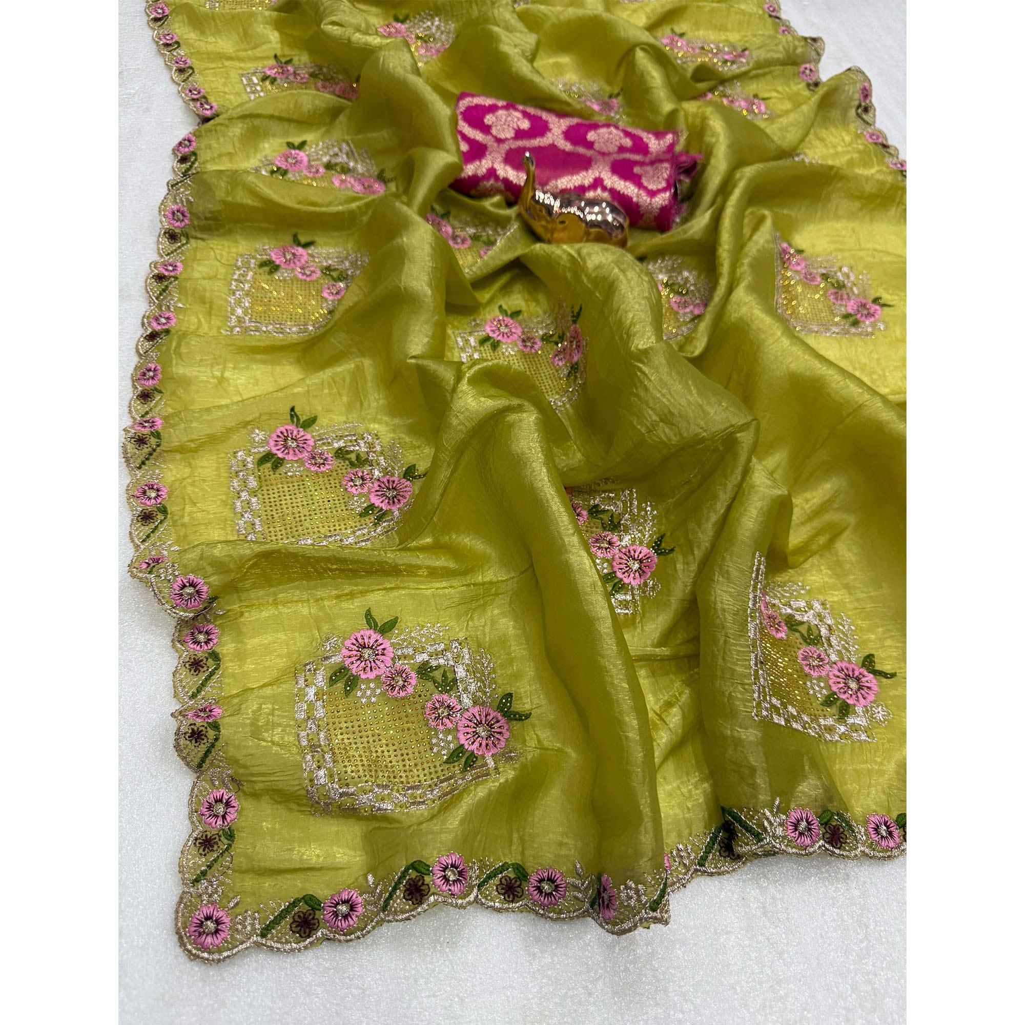 Stunning Olive Floral Embroidery & Swarovski Adorned Paper Silk Saree with Cutwork Border