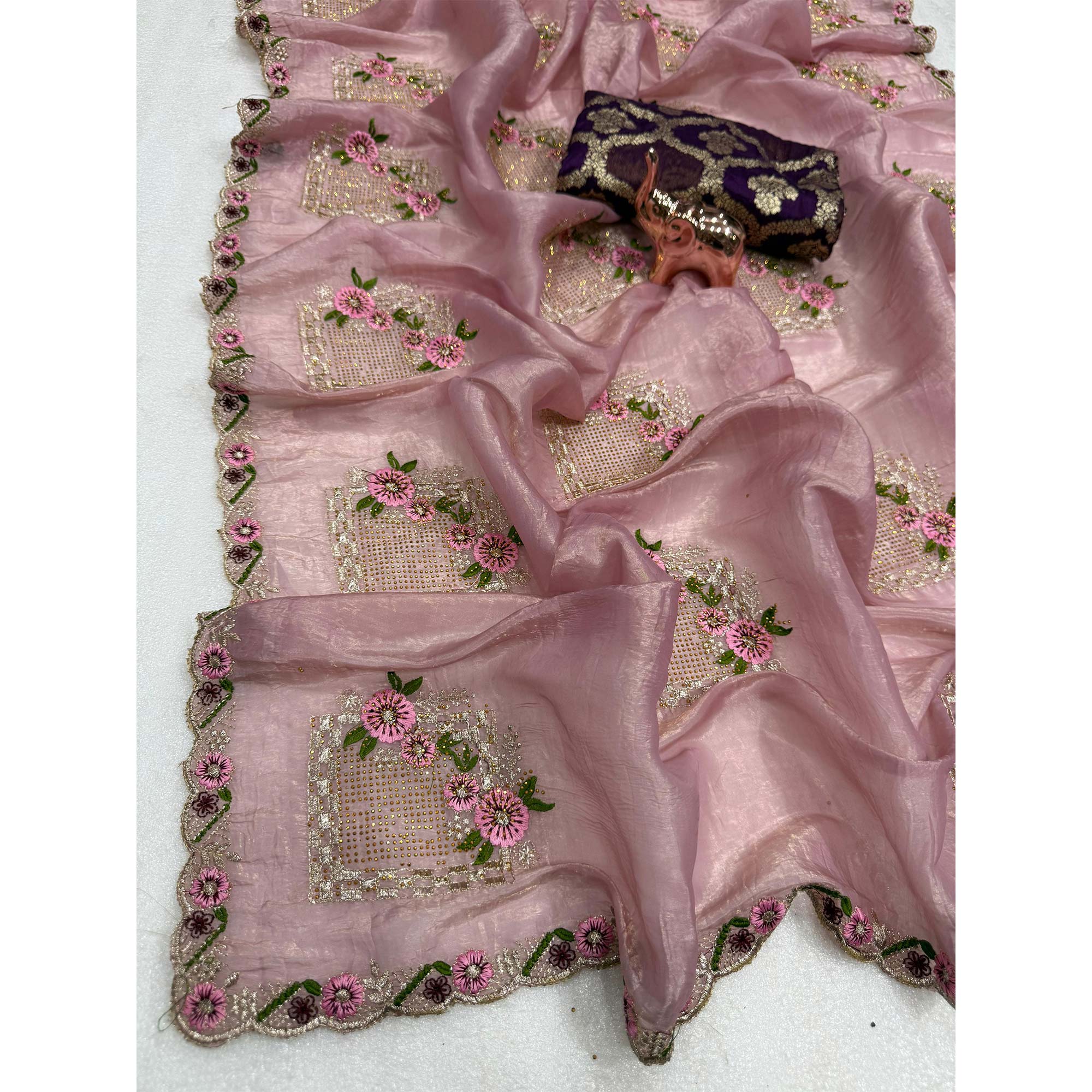 Stunning Pink Floral Embroidery & Swarovski Adorned Paper Silk Saree with Cutwork Border
