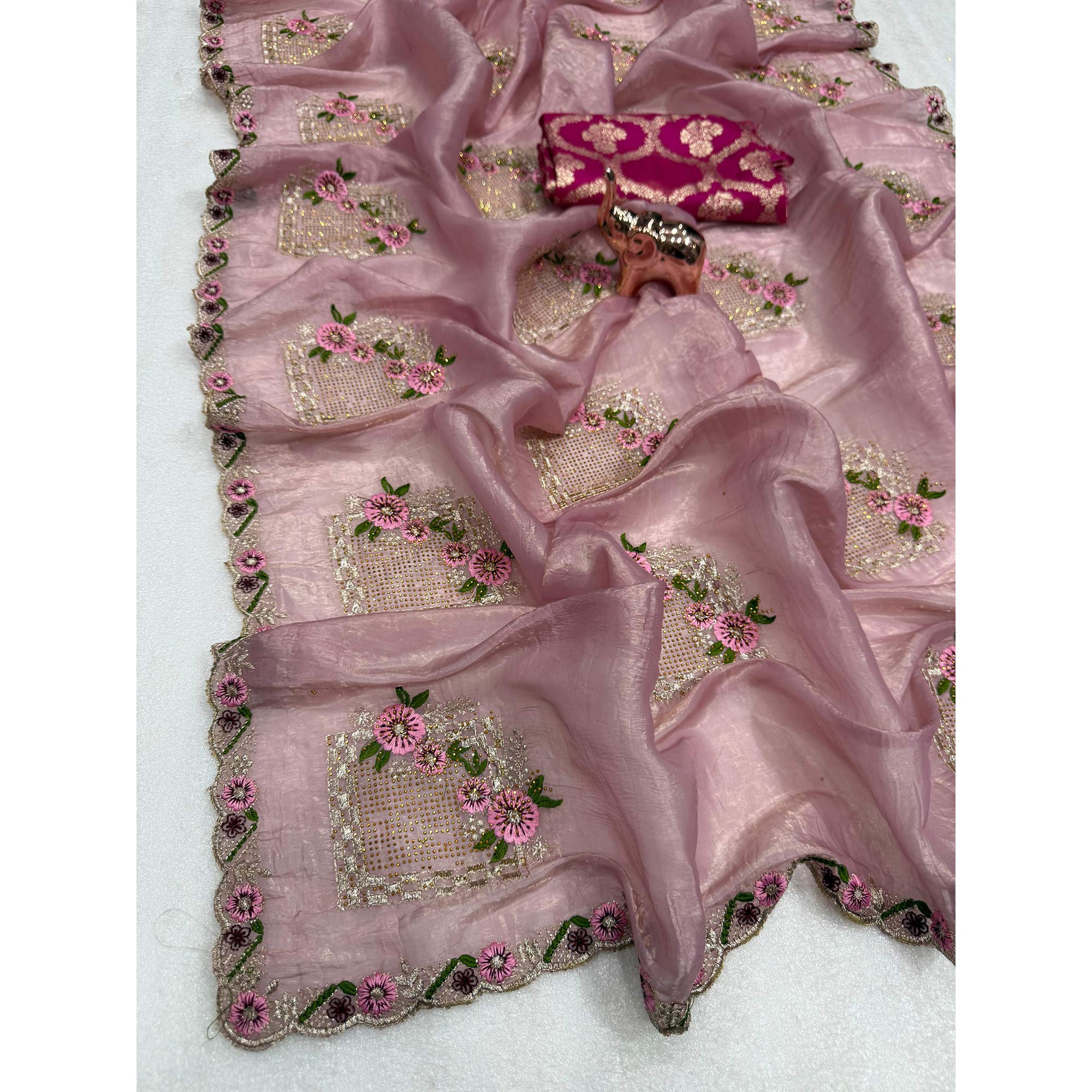 Stunning Pink Floral Embroidery & Swarovski Adorned Paper Silk Saree with Cutwork Border