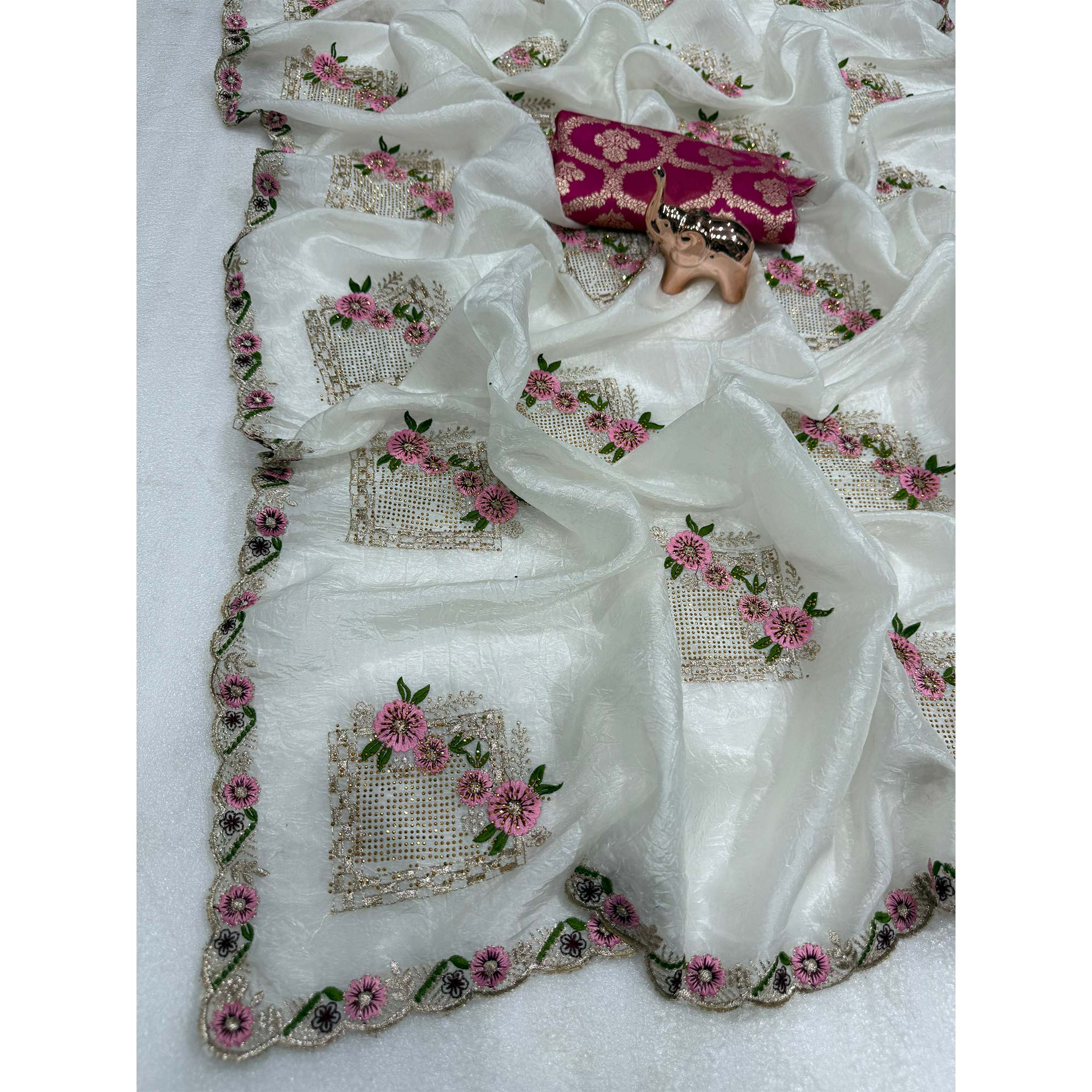 Stunning White Floral Embroidery & Swarovski Adorned Paper Silk Saree with Cutwork Border