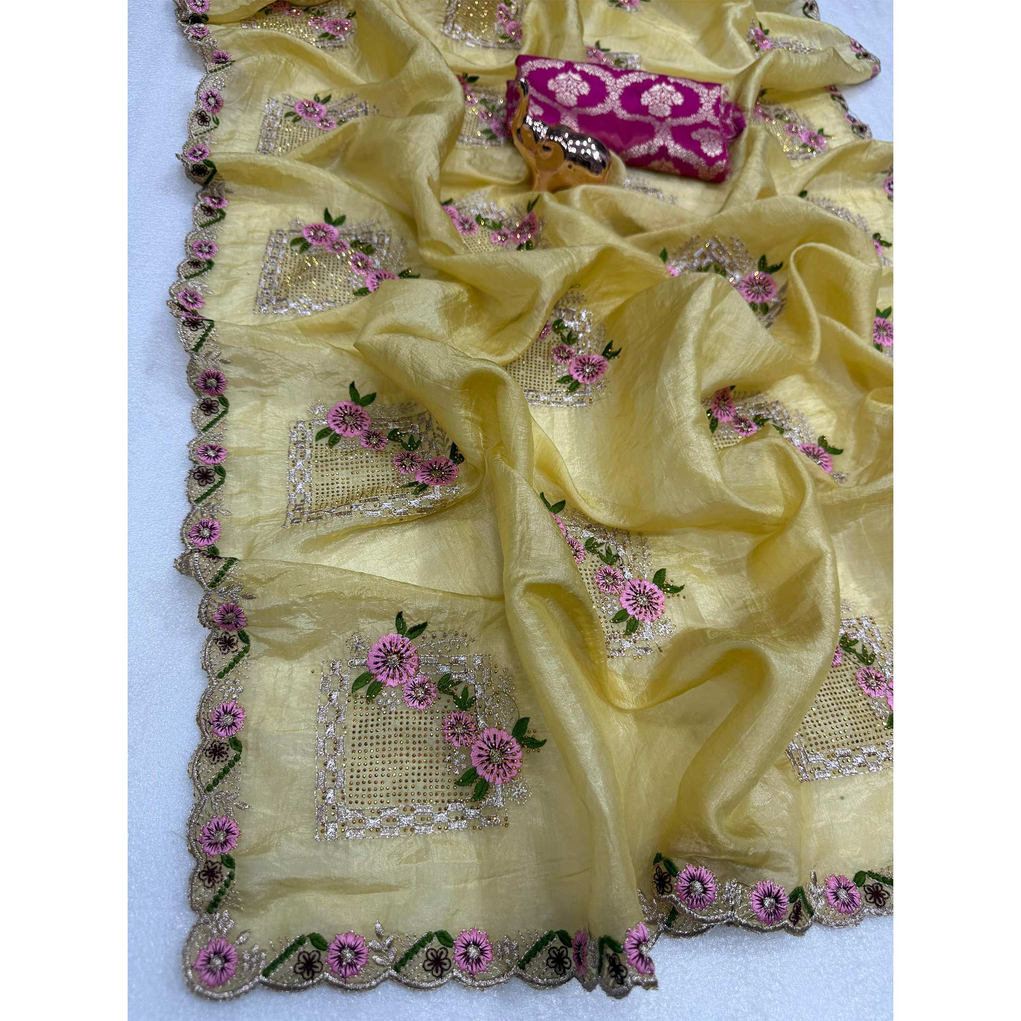 Stunning Yellow Floral Embroidery & Swarovski Adorned Paper Silk Saree with Cutwork Border