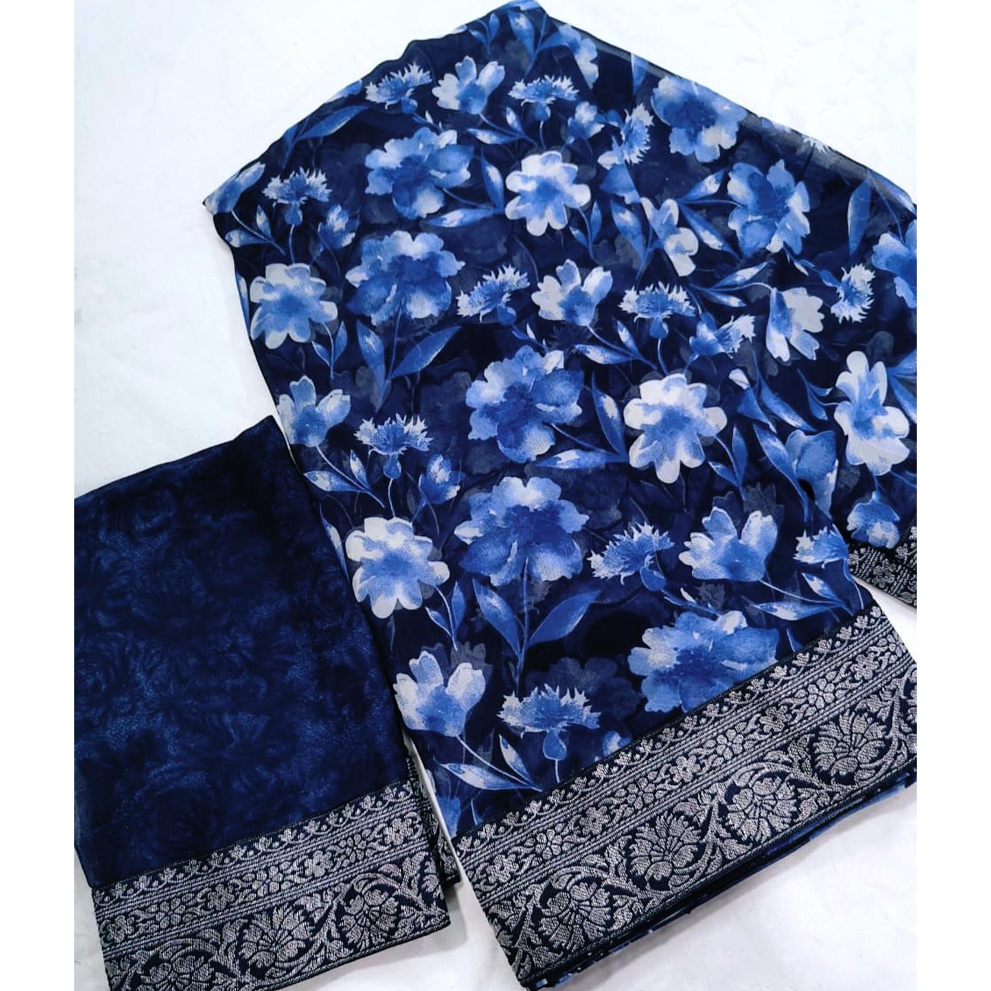 Blue Floral Printed Georgette Saree With Woven Border