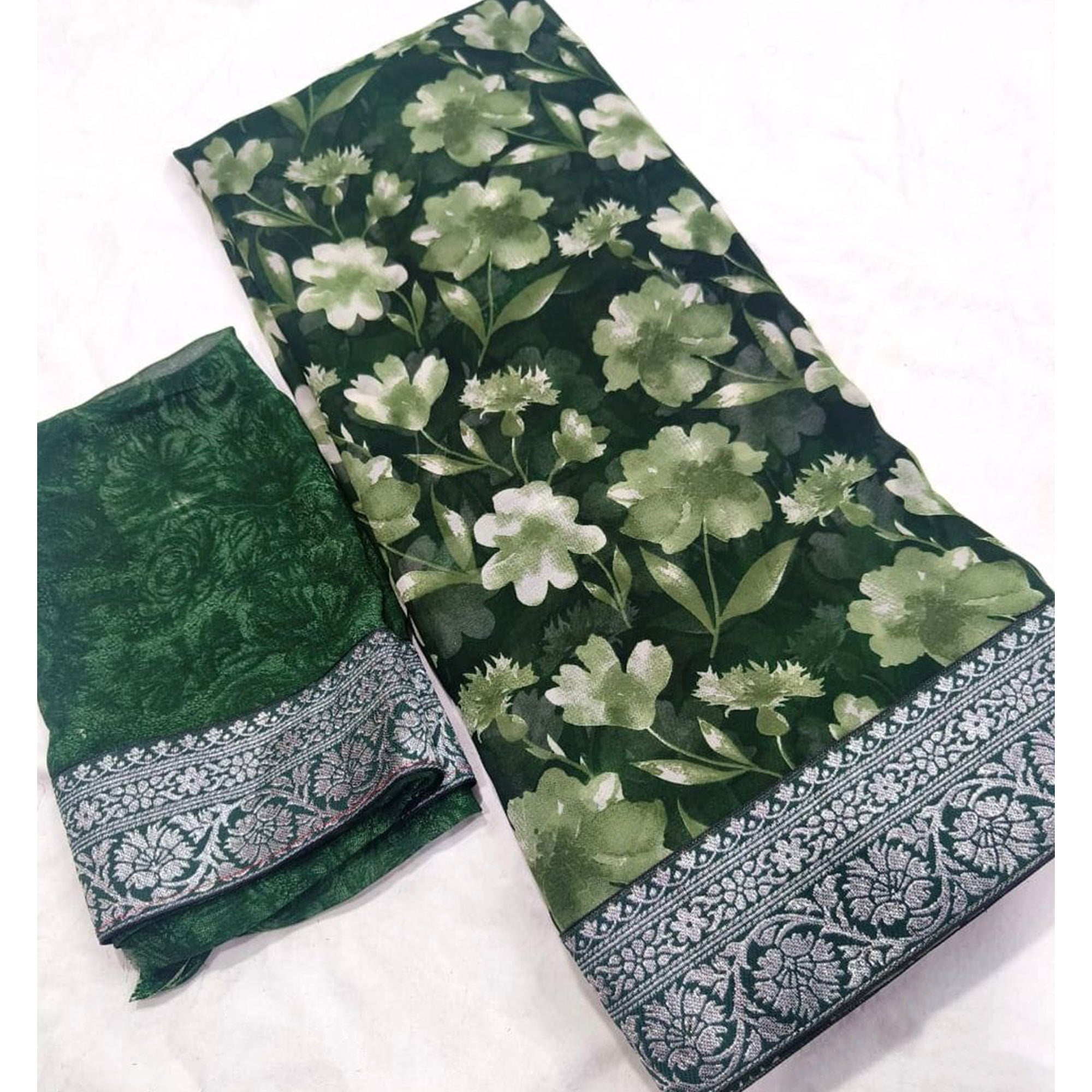 Green Floral Printed Georgette Saree With Woven Border