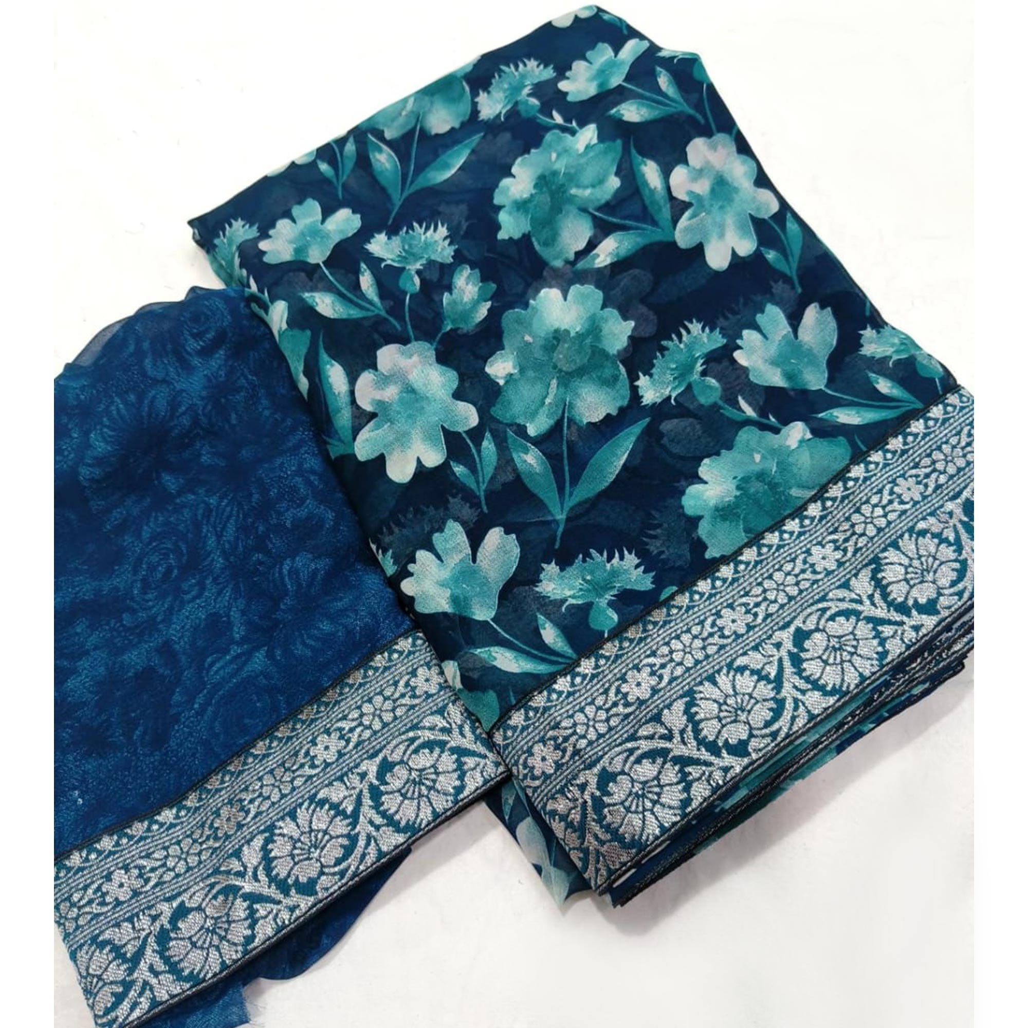 Teal Floral Printed Georgette Saree With Woven Border