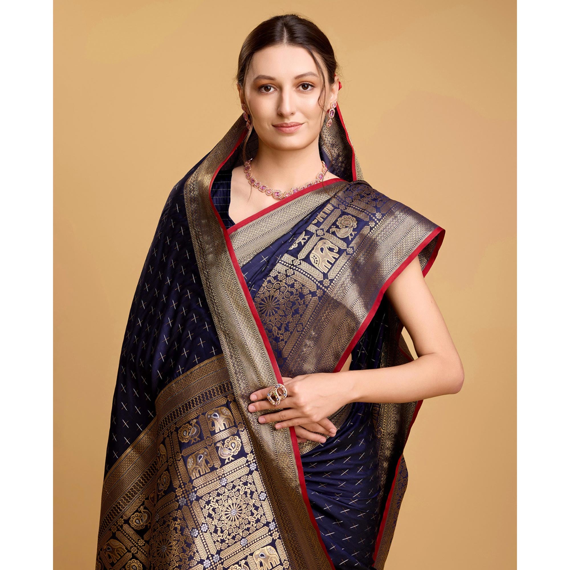 Navy Blue Woven Pure Silk Saree With Tassels