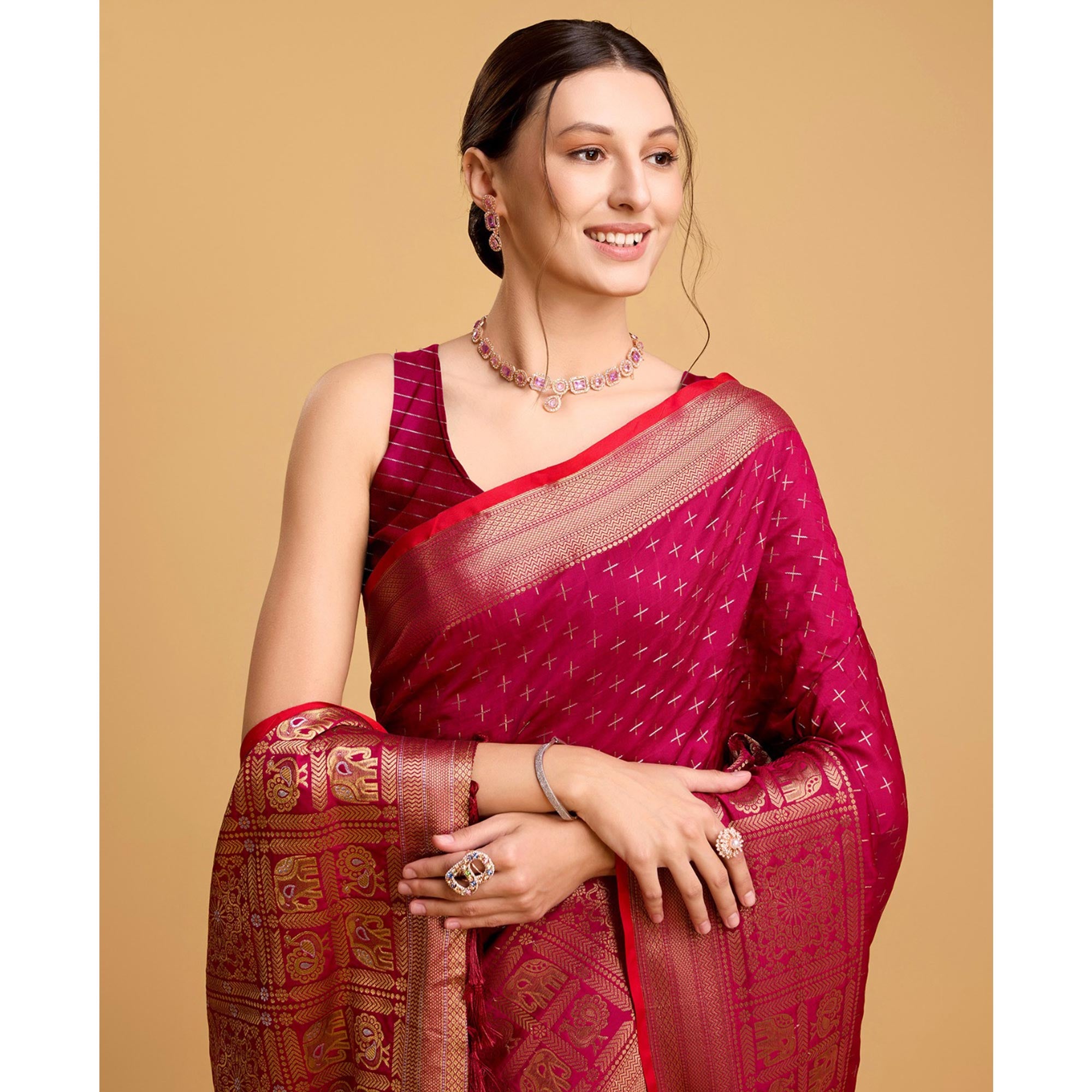 Rani Pink Woven Pure Silk Saree With Tassels