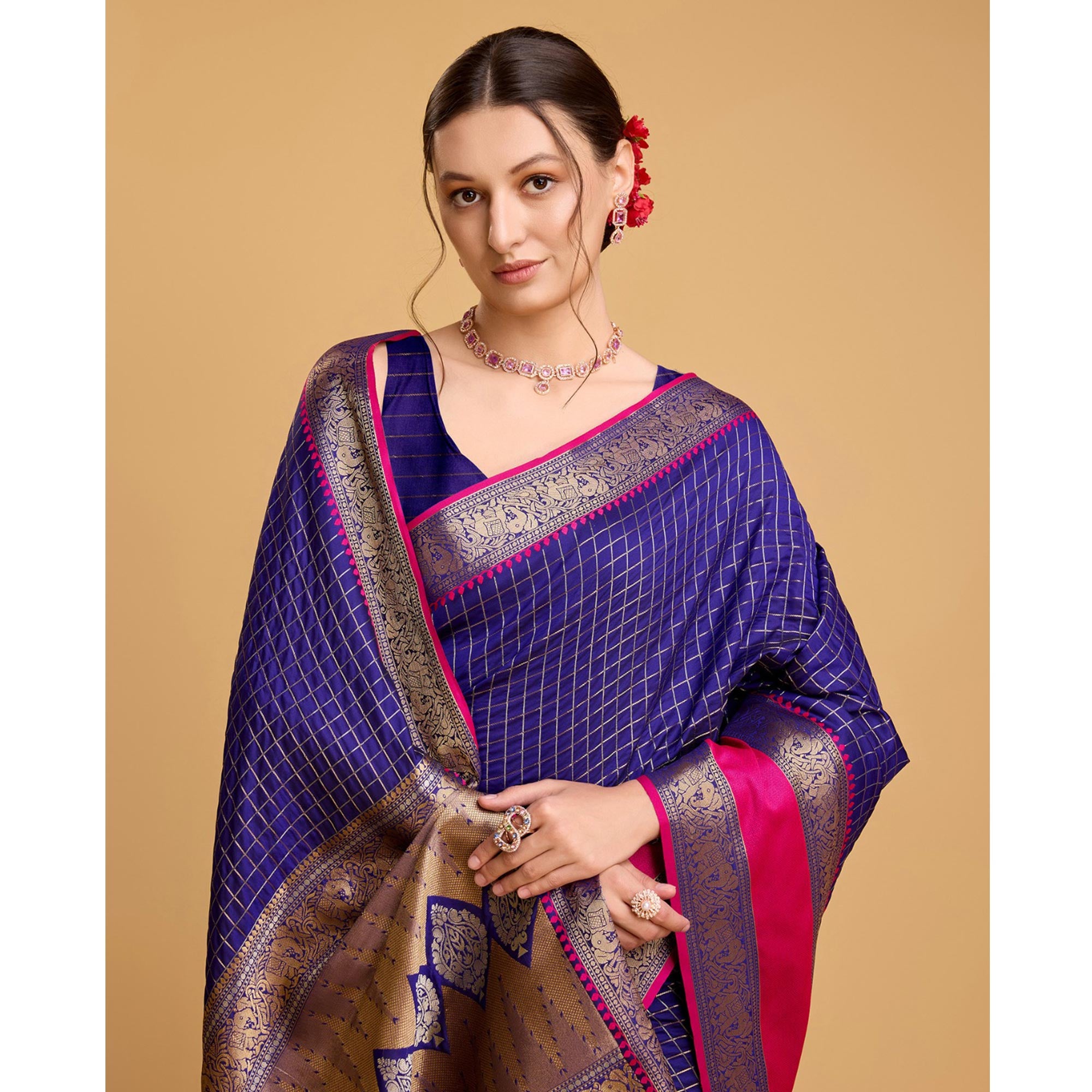 Blue Checks Woven Pure Silk Saree With Tassels