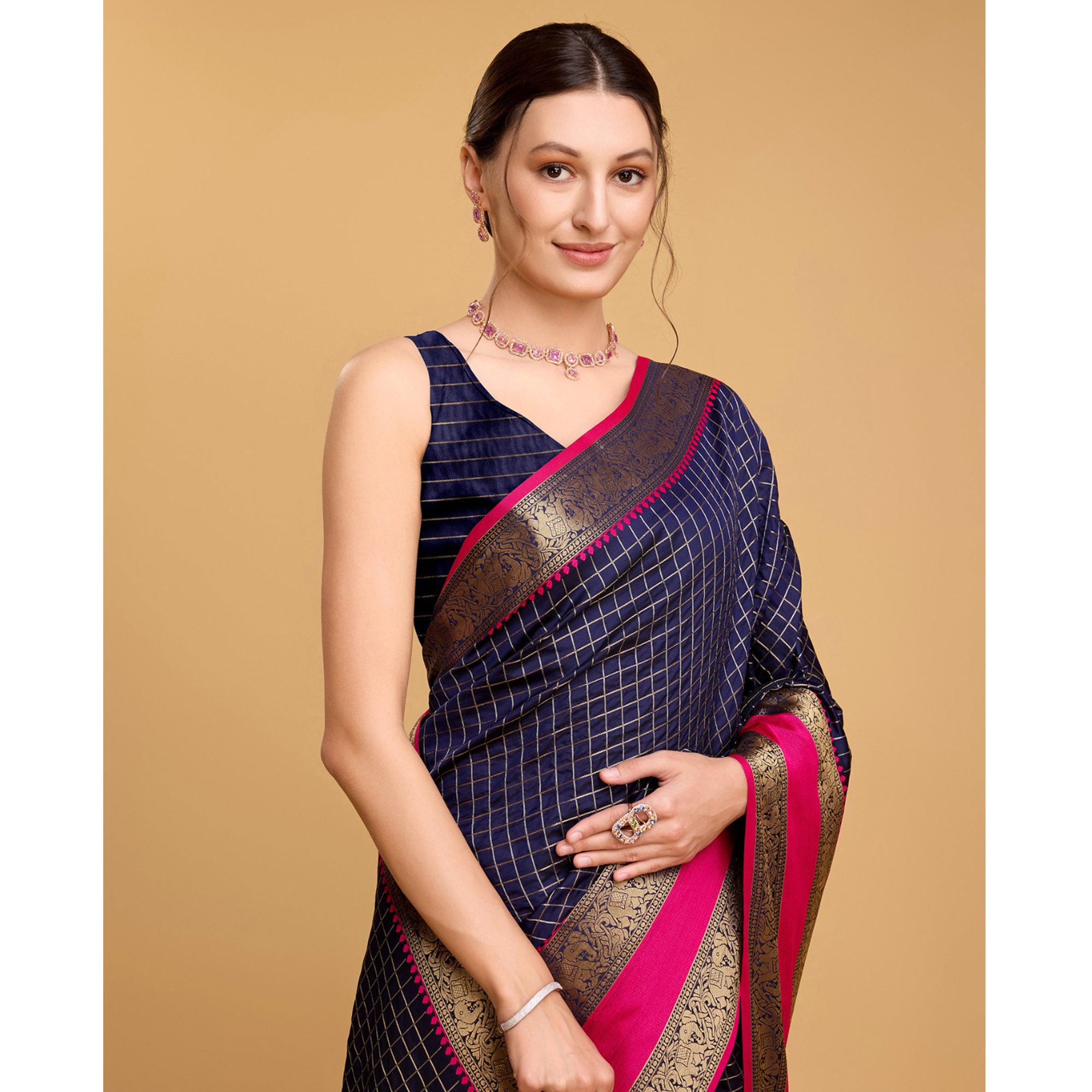 Navy Blue Checks Woven Pure Silk Saree With Tassels