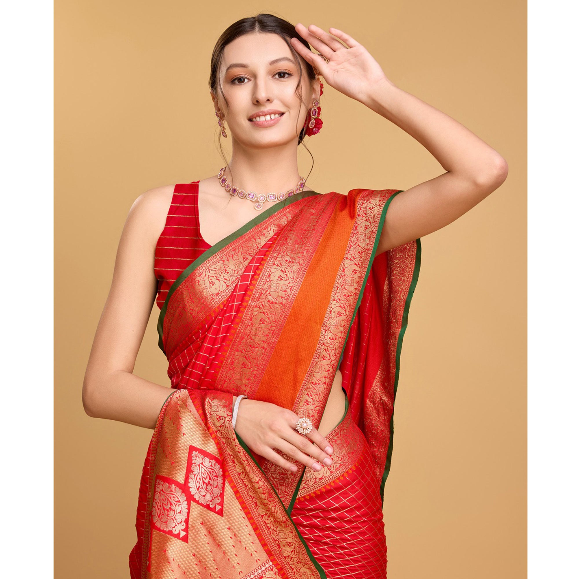 Red Checks Woven Pure Silk Saree With Tassels