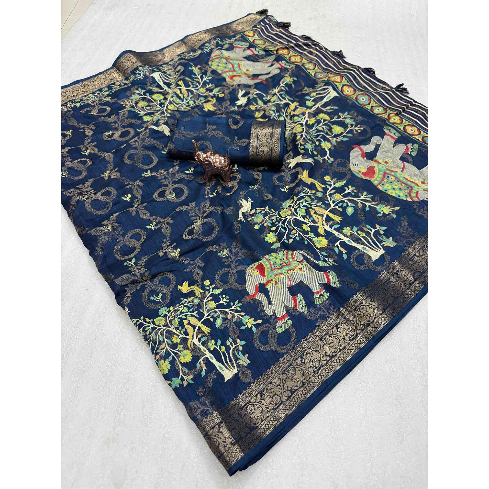 Exquisite Navy Blue Floral Weaving Tusser Silk Jacquard Saree Highlighted With Elephant Motif Pallu