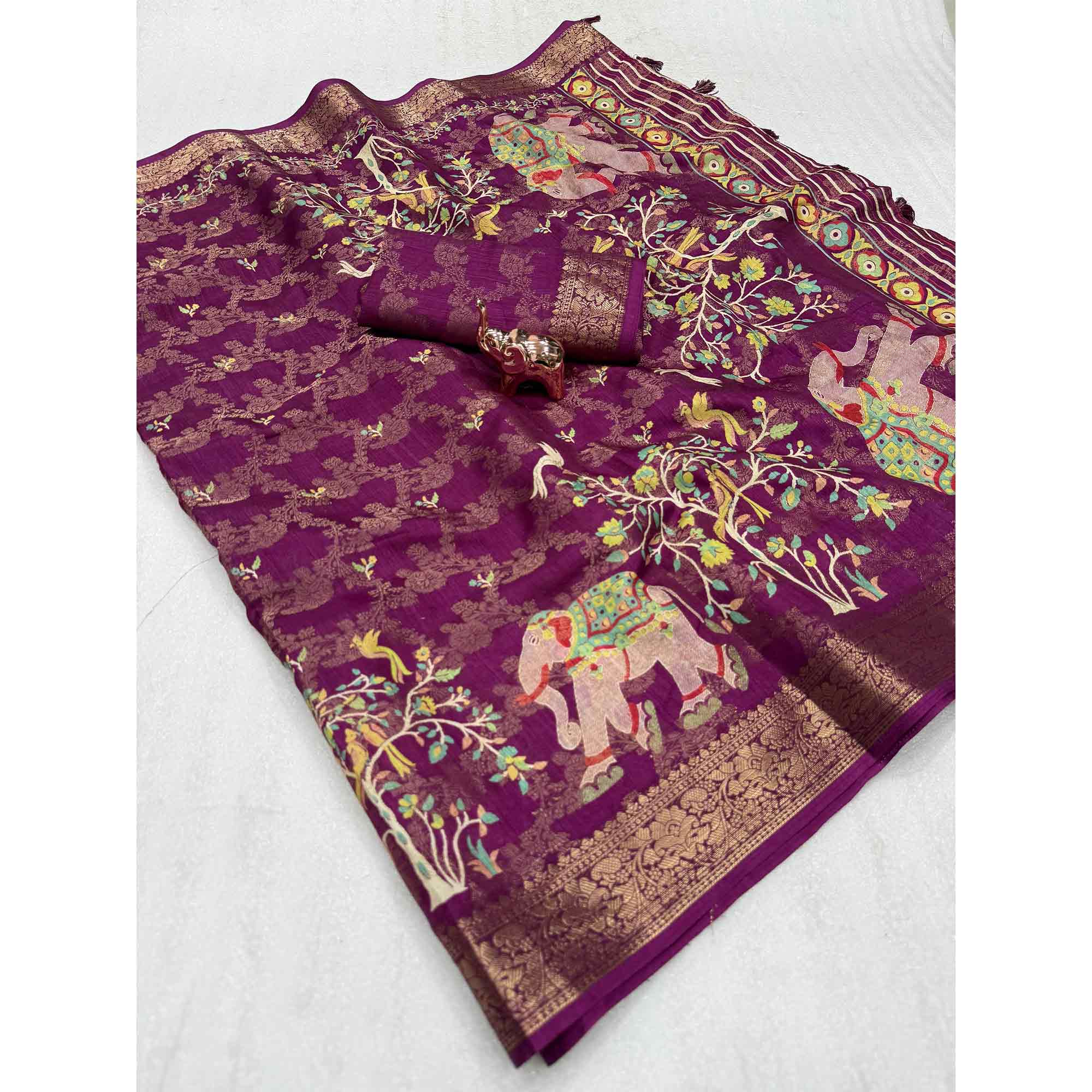 Exquisite Wine Floral Weaving Tusser Silk Jacquard Saree Highlighted With Elephant Motif Pallu