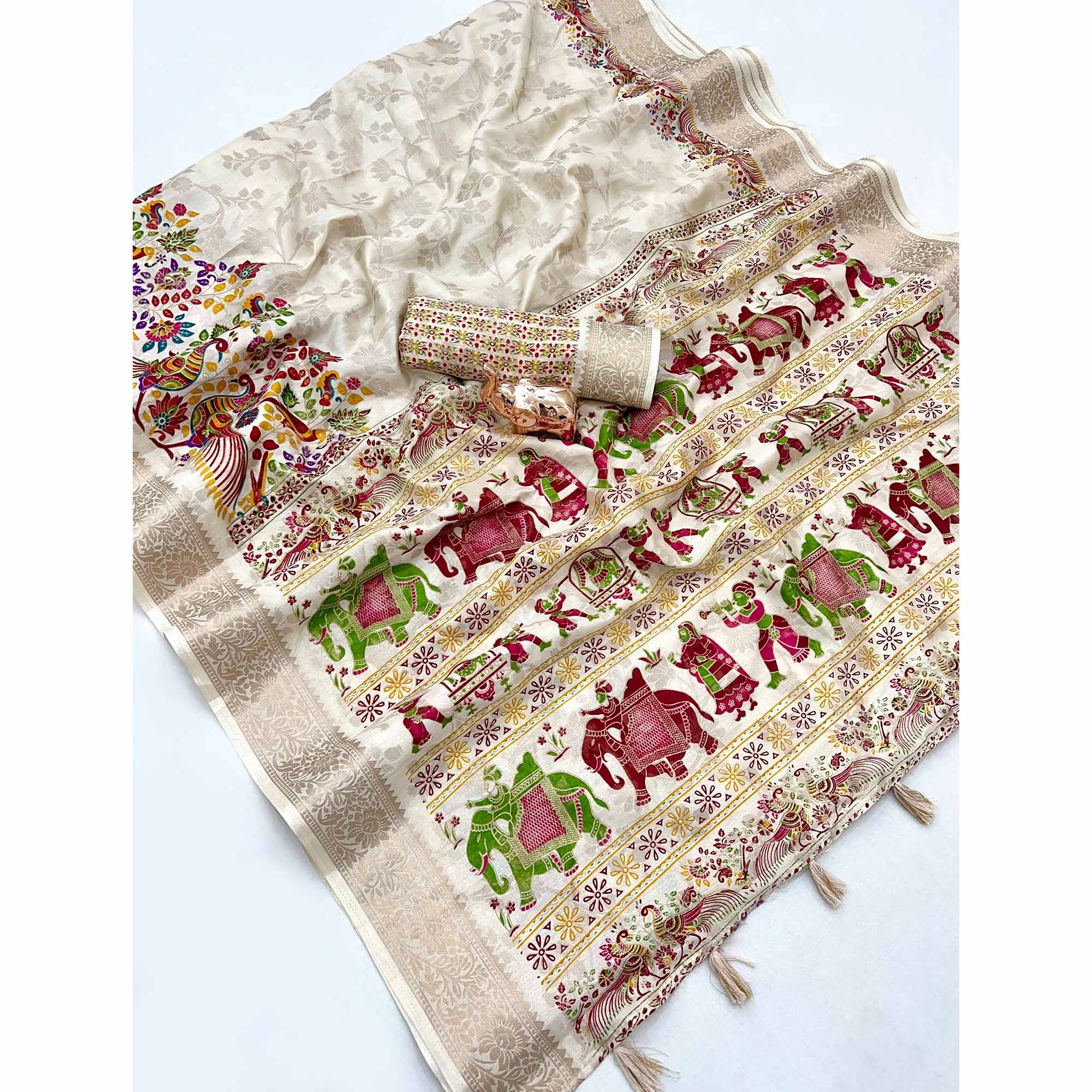 Cream Tussar Silk Jacquard Saree With Intricate Floral Zari Weaving & Tassel Border