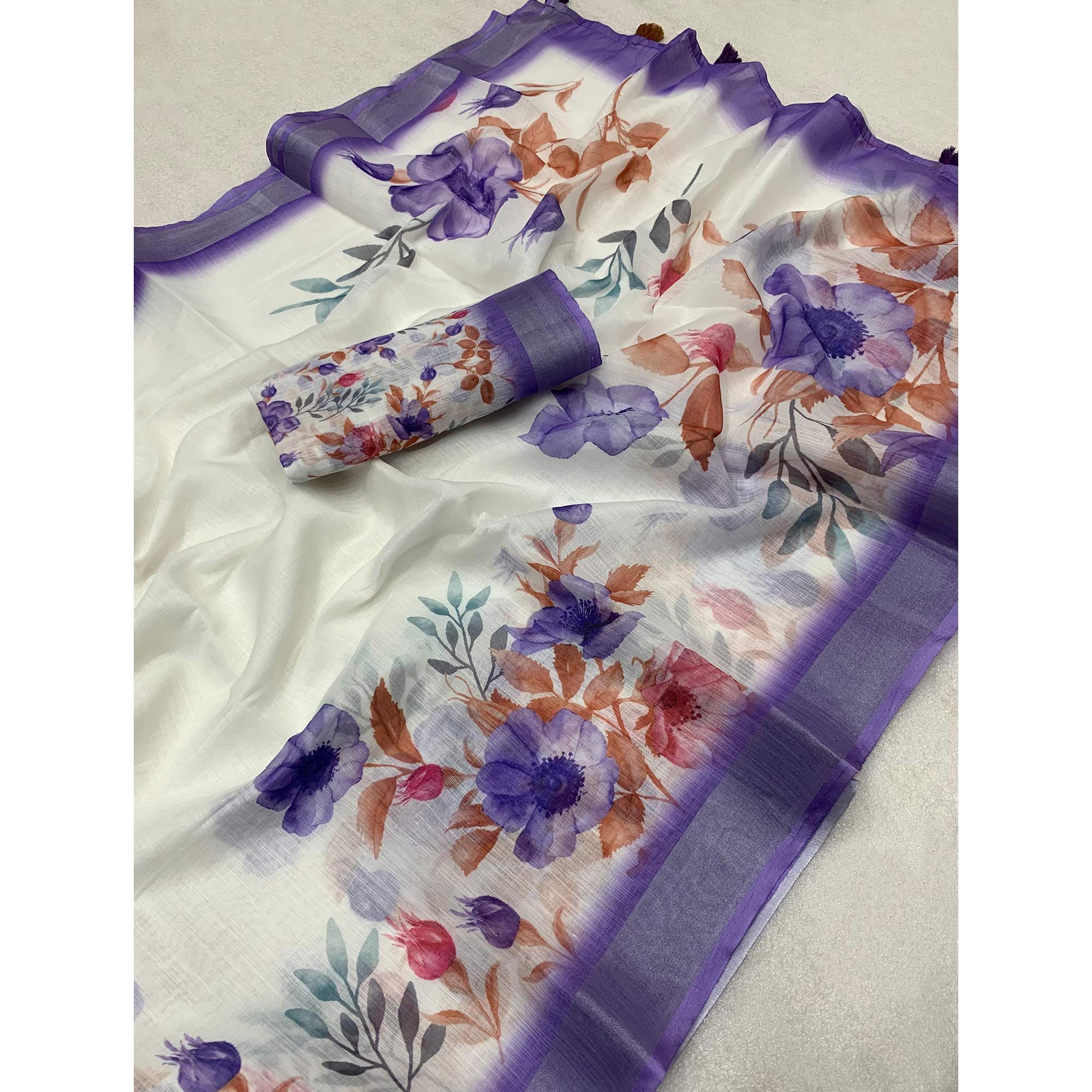 White & Lavender Printed Linen Saree With Zari Work