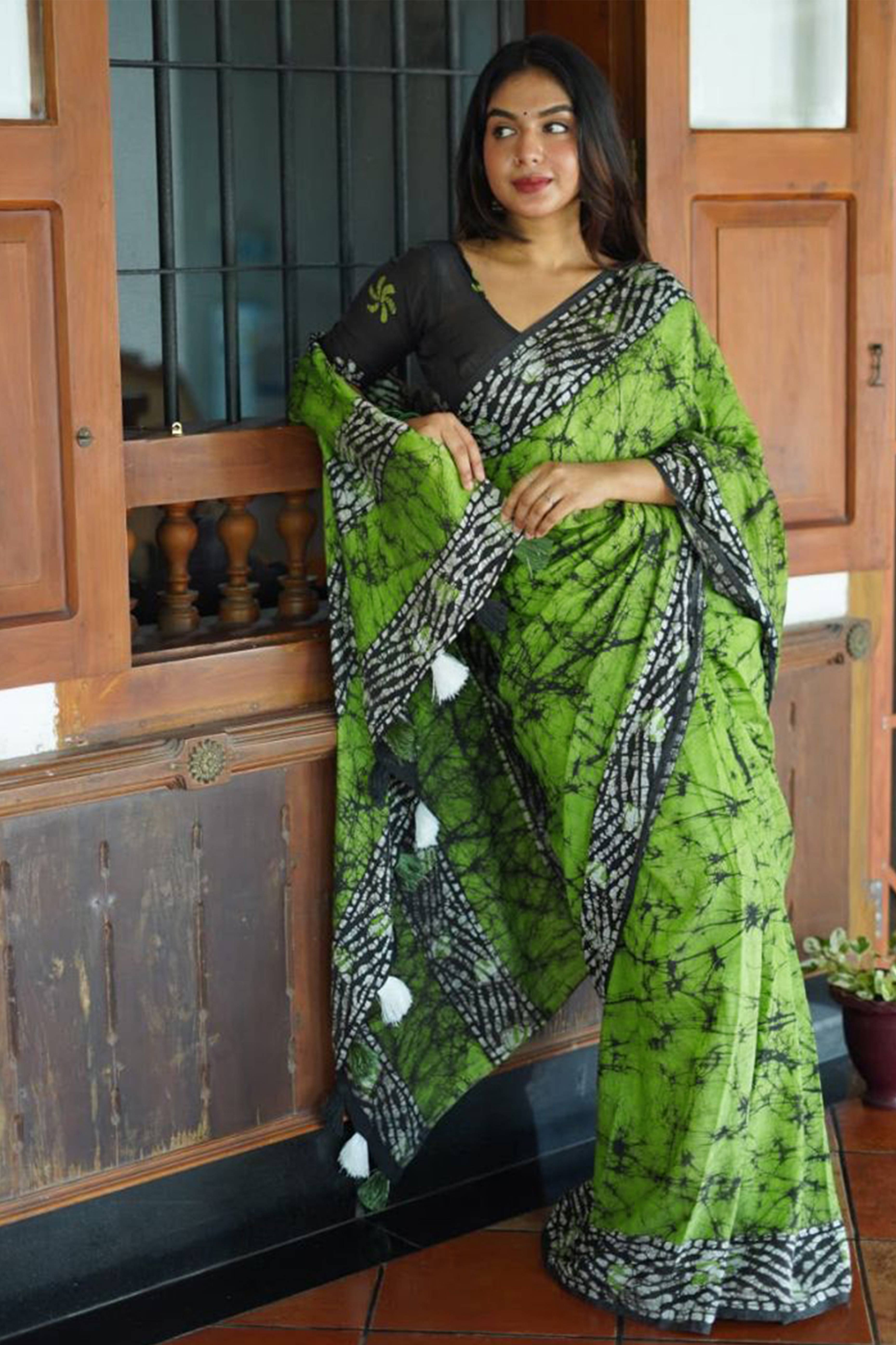 Parrot Green Digital Printed Linen Cotton Saree