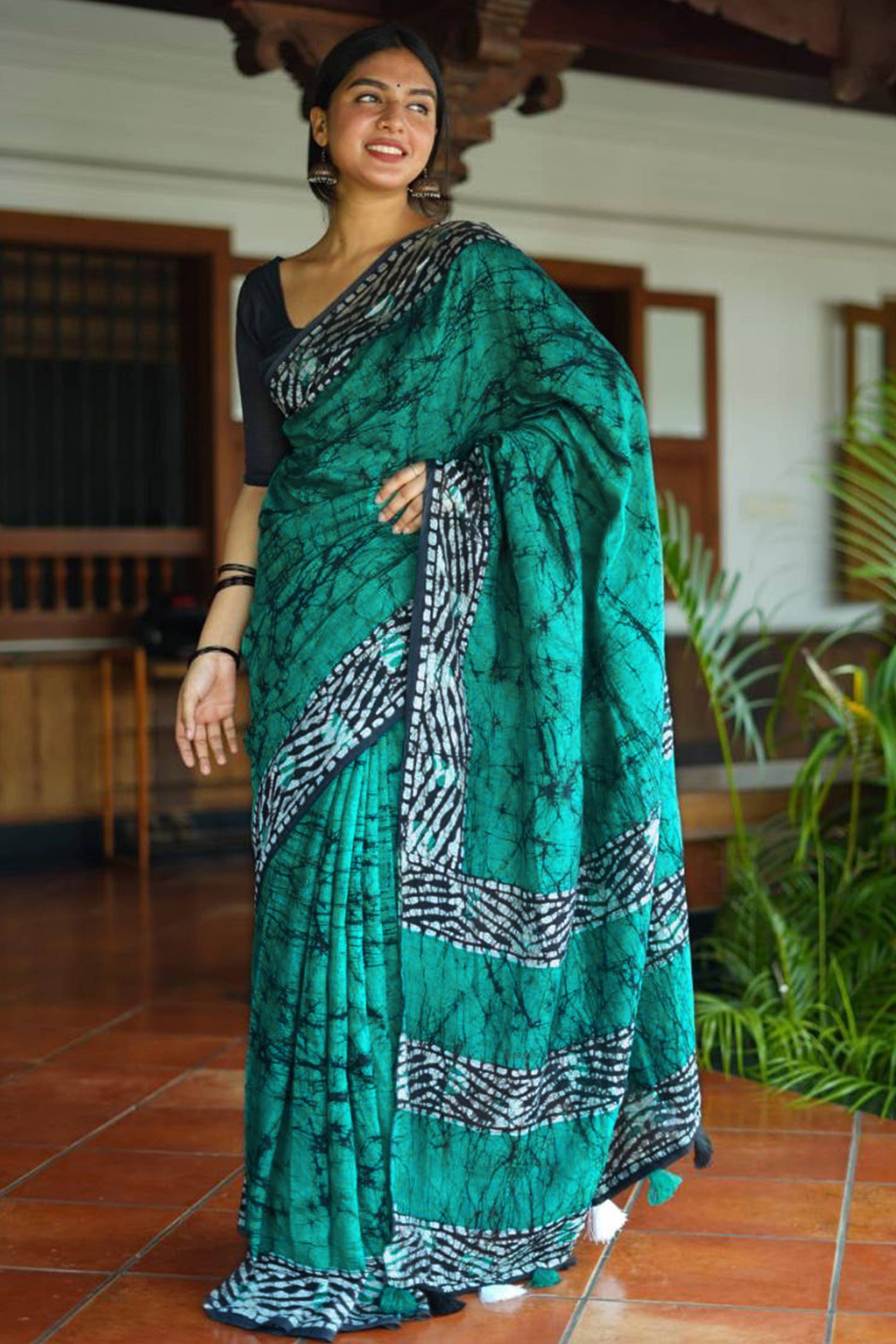 Turquoise Digital Printed Linen Cotton Saree