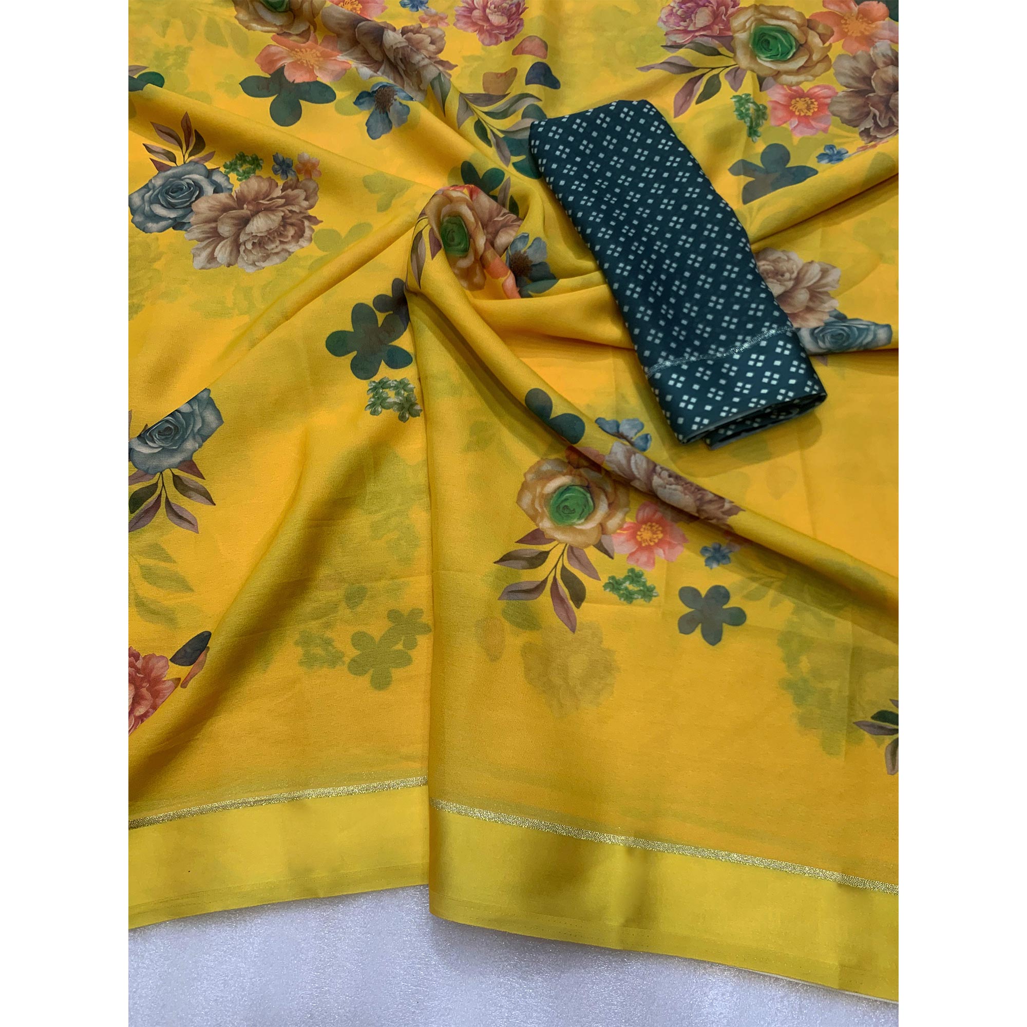 Yellow Floral Printed Moss Chiffon Saree With Zari Border