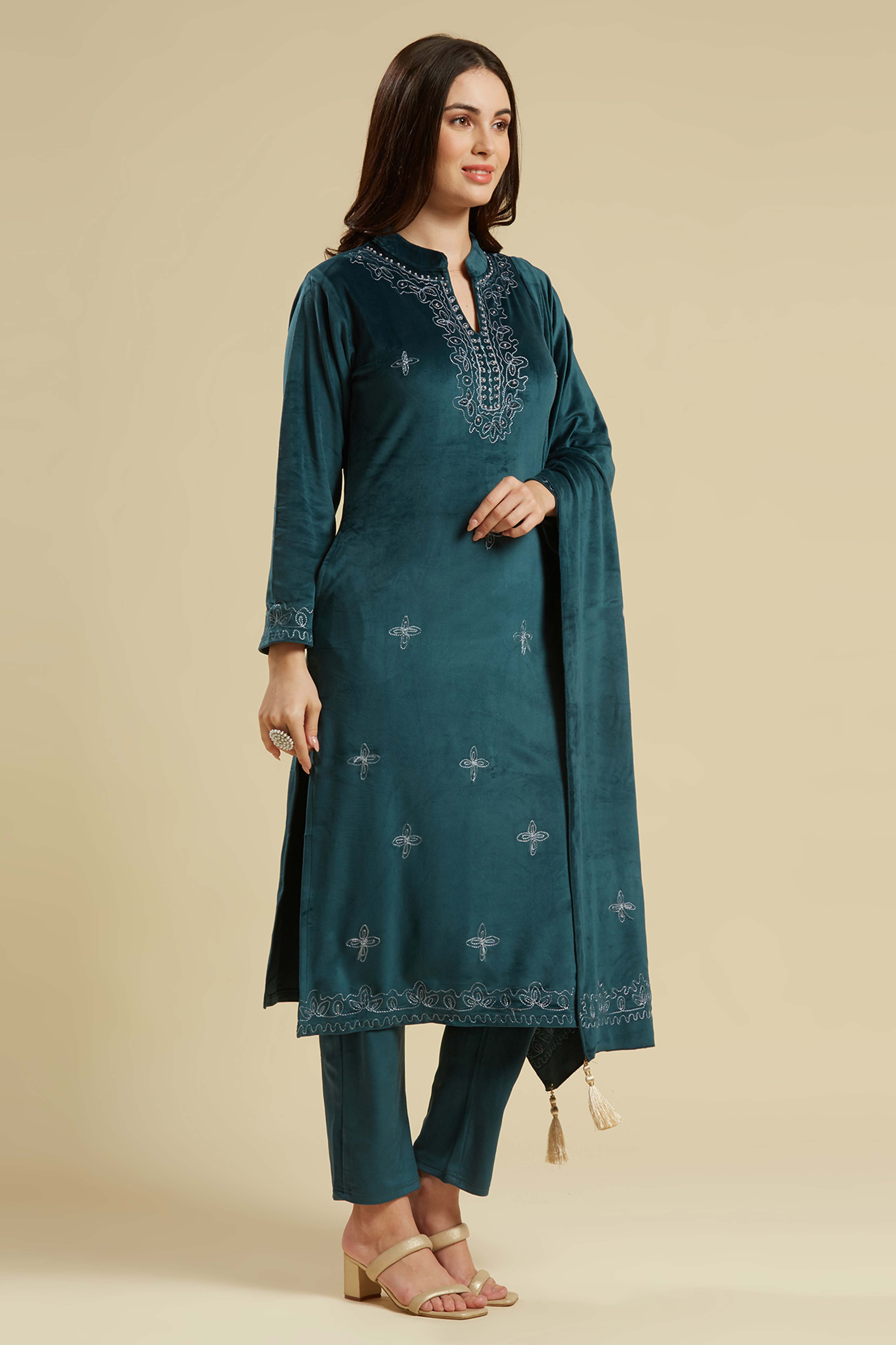 Rama Blue Embroidered Velvet Straight Salwar Suit