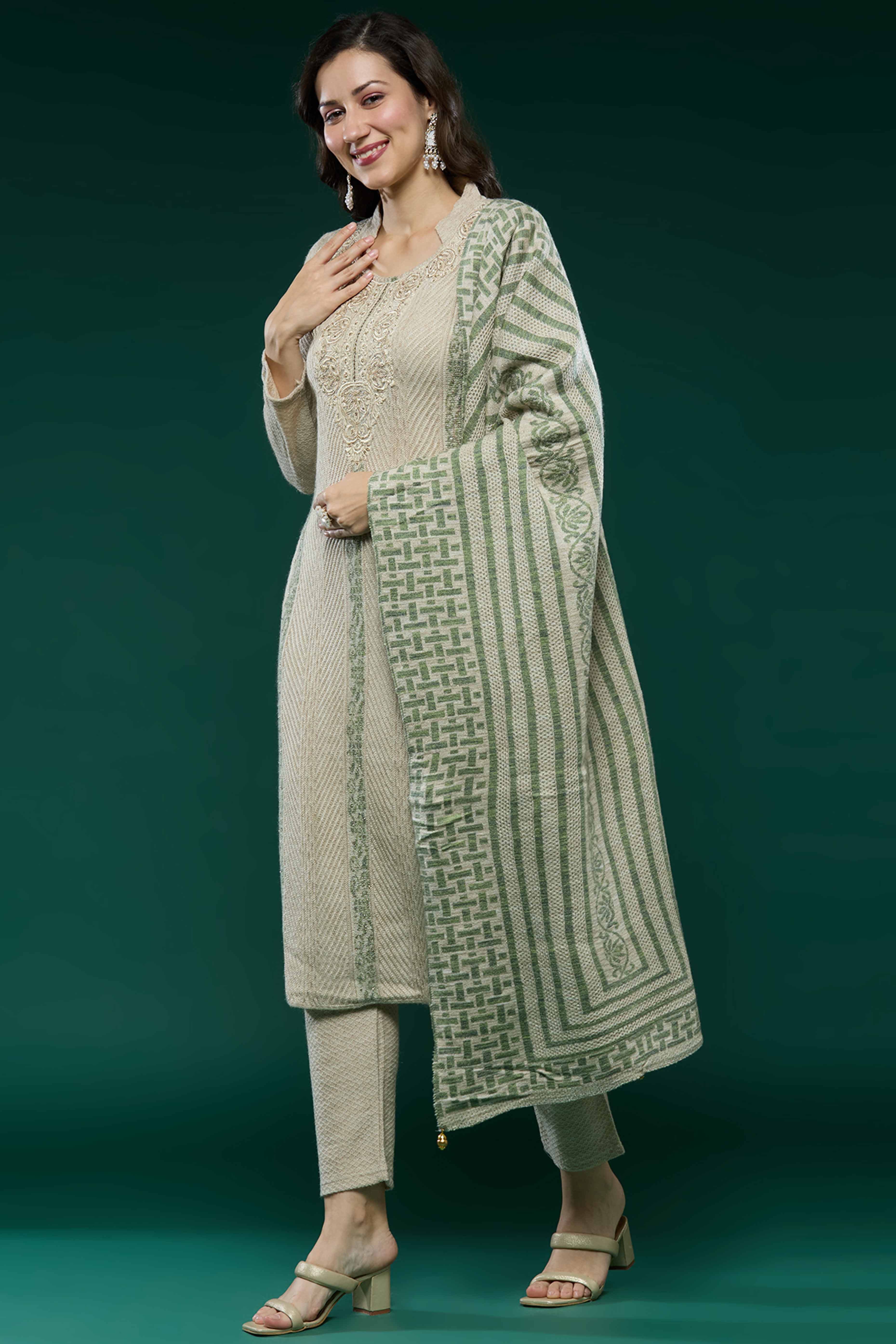 Beige Woven Woolen Straight Salwar Suit