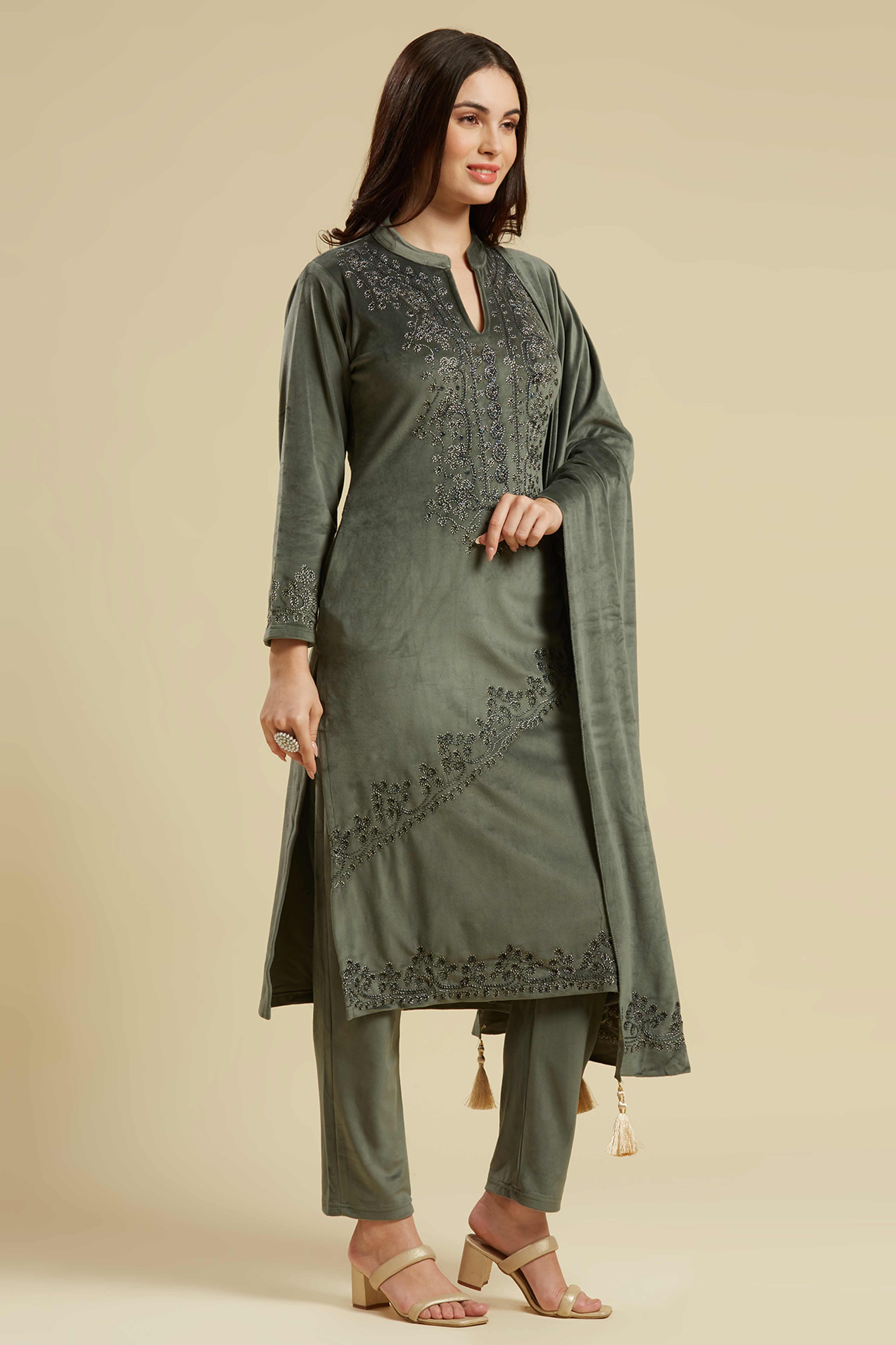 Grey Embroidered Velvet Straight Salwar Suit