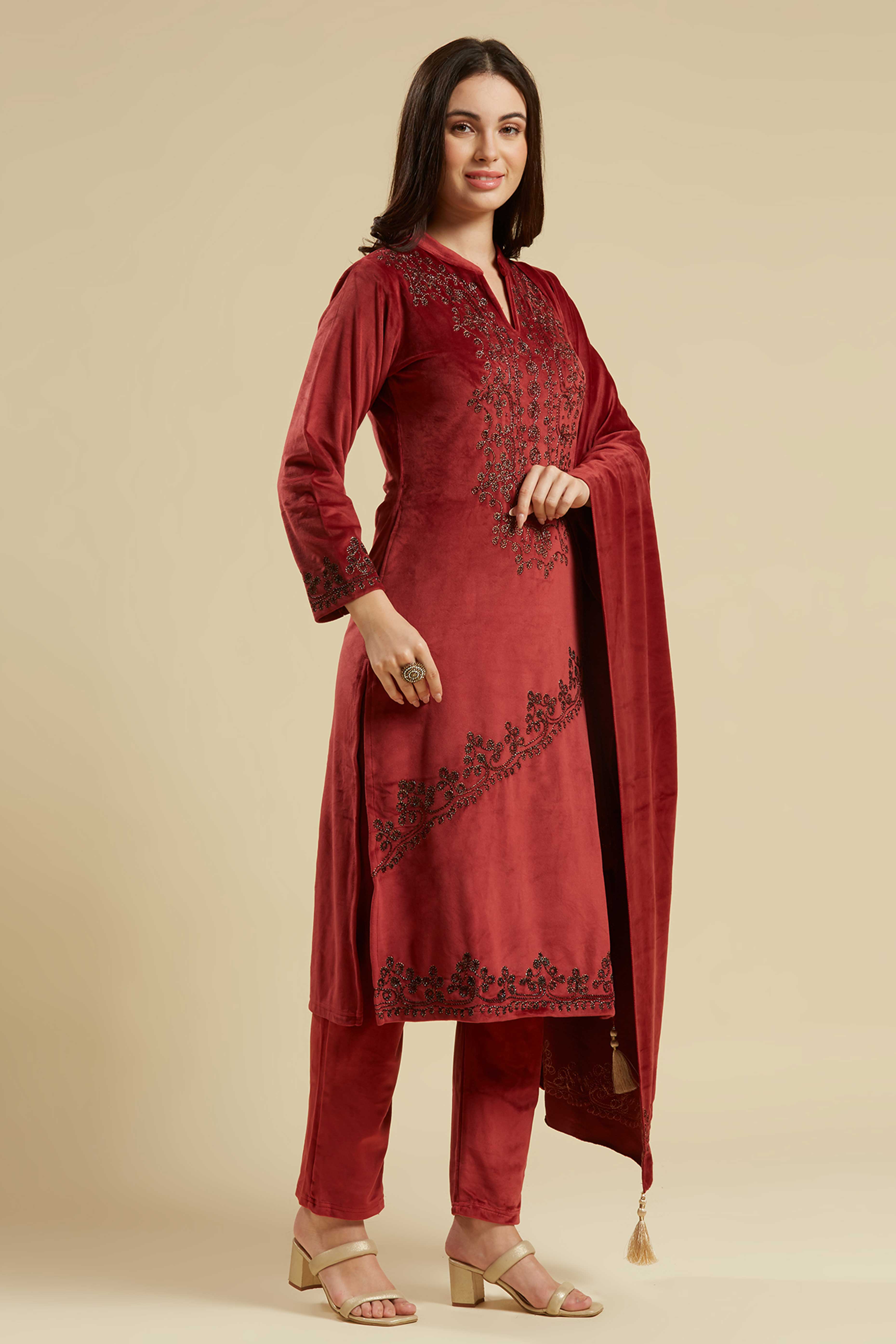 Wine Embroidered Velvet Straight Salwar Suit