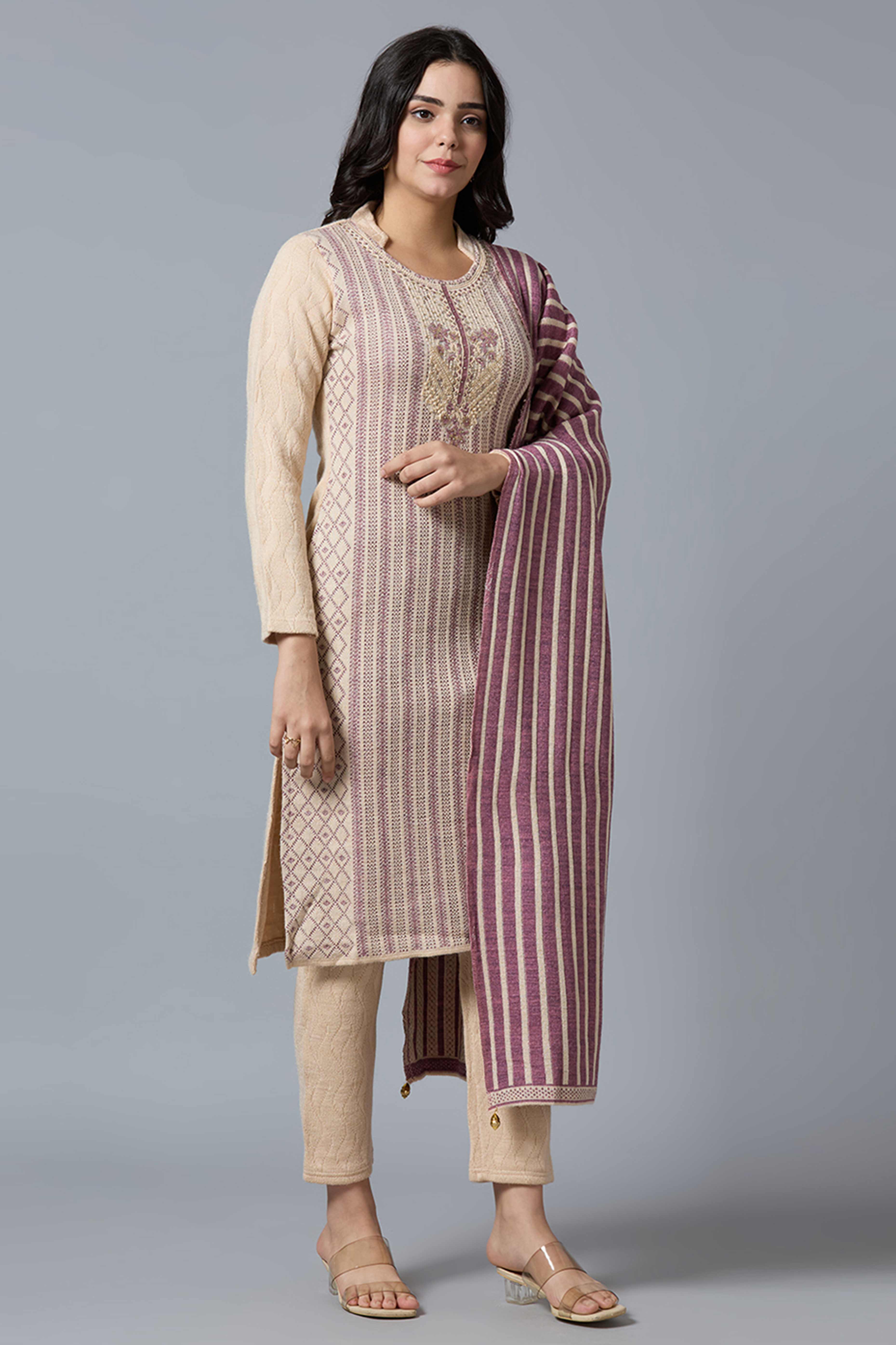 Beige Woven Woolen Straight Salwar Suit