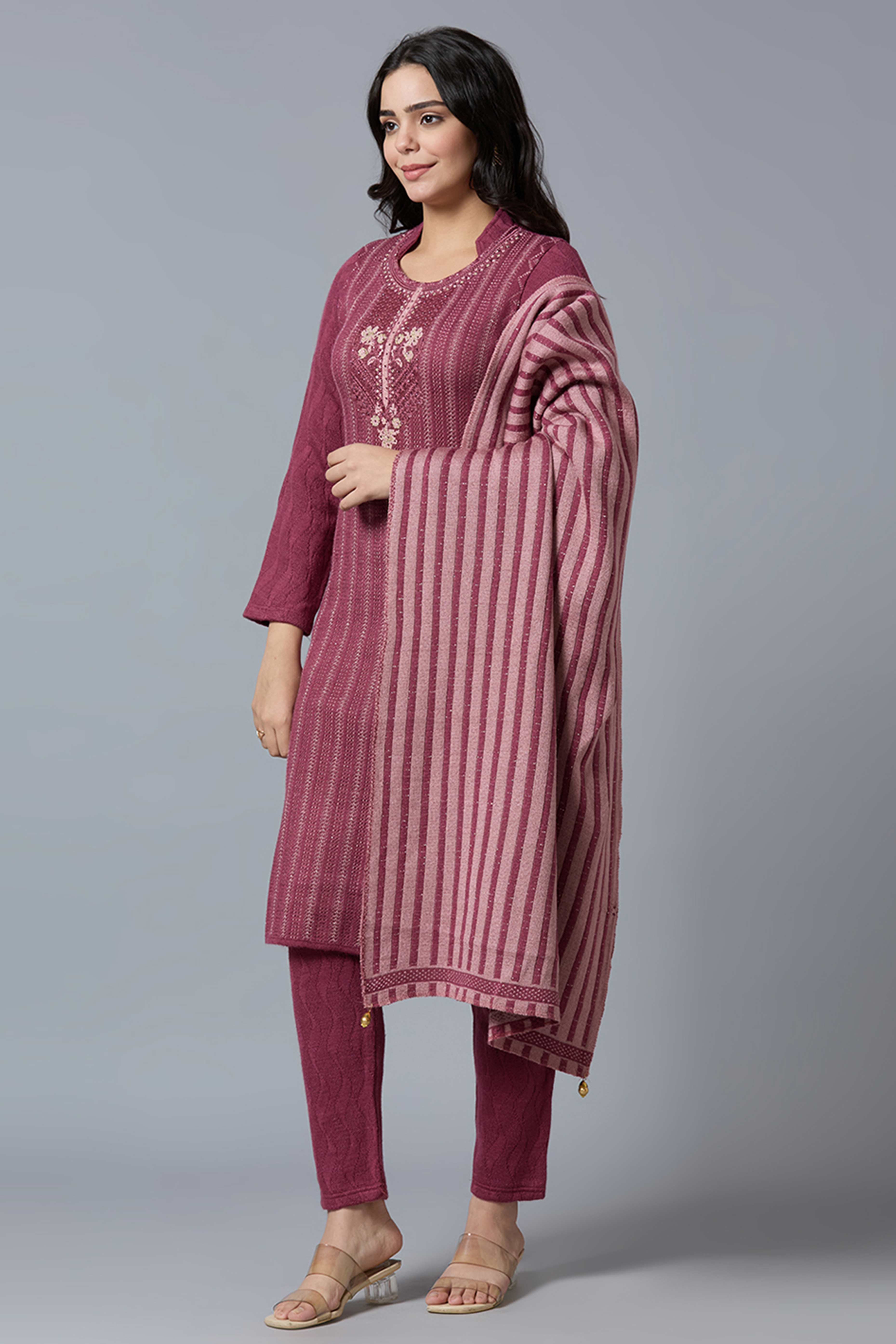 Maroon Woven Woolen Straight Salwar Suit