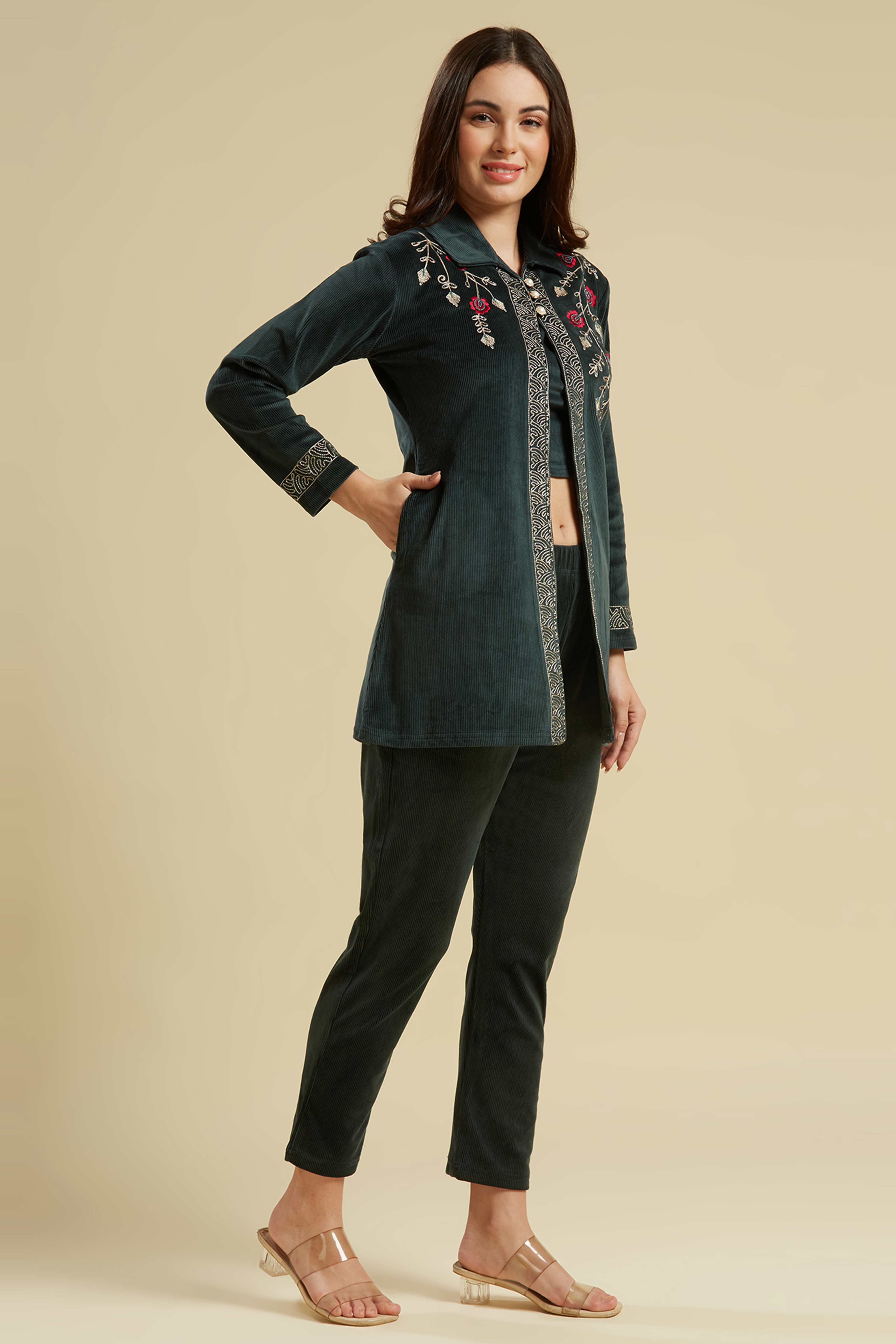 Green Embroidered Velvet Front Slit Top Bottom Set