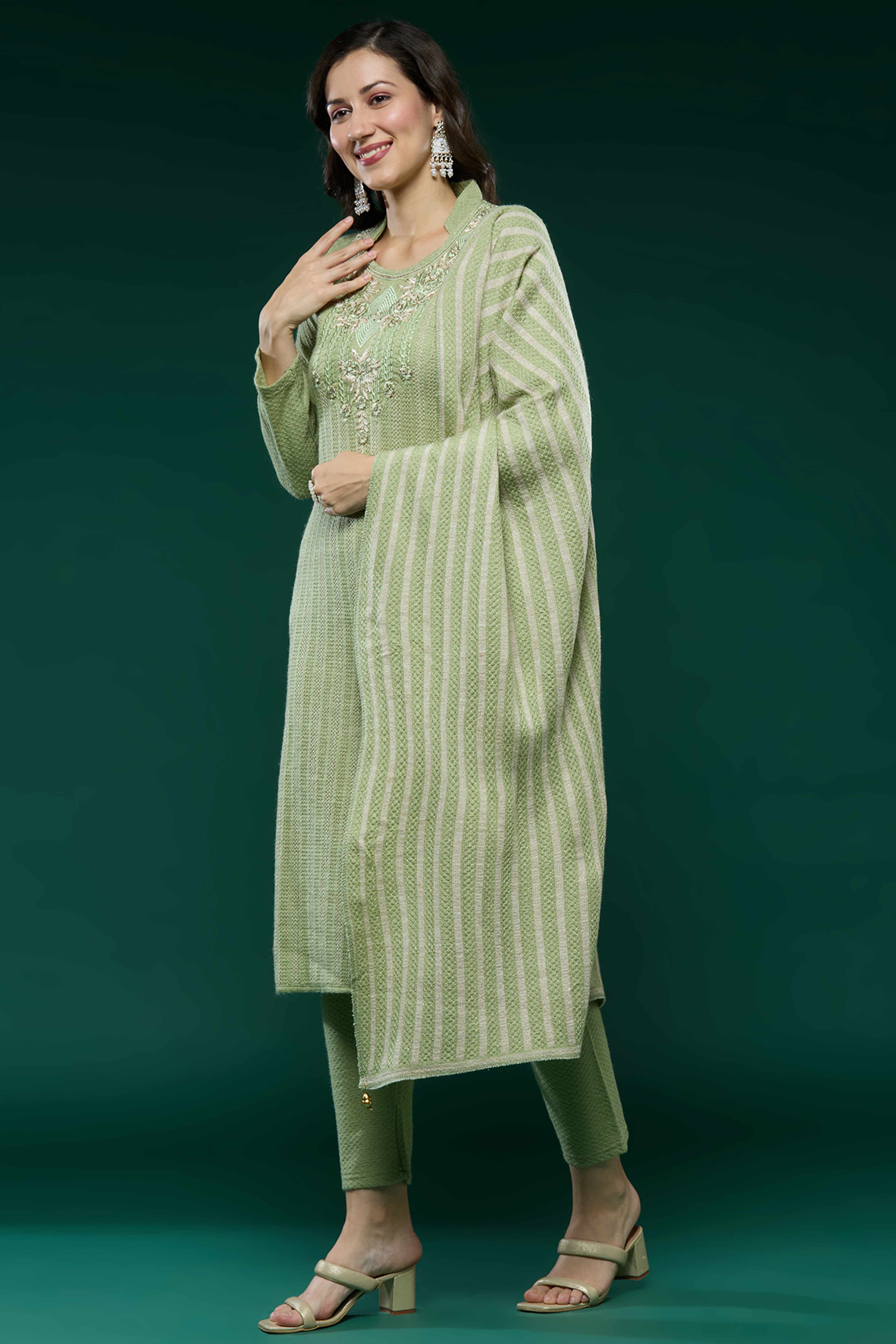 Green Woven Woolen Straight Salwar Suit