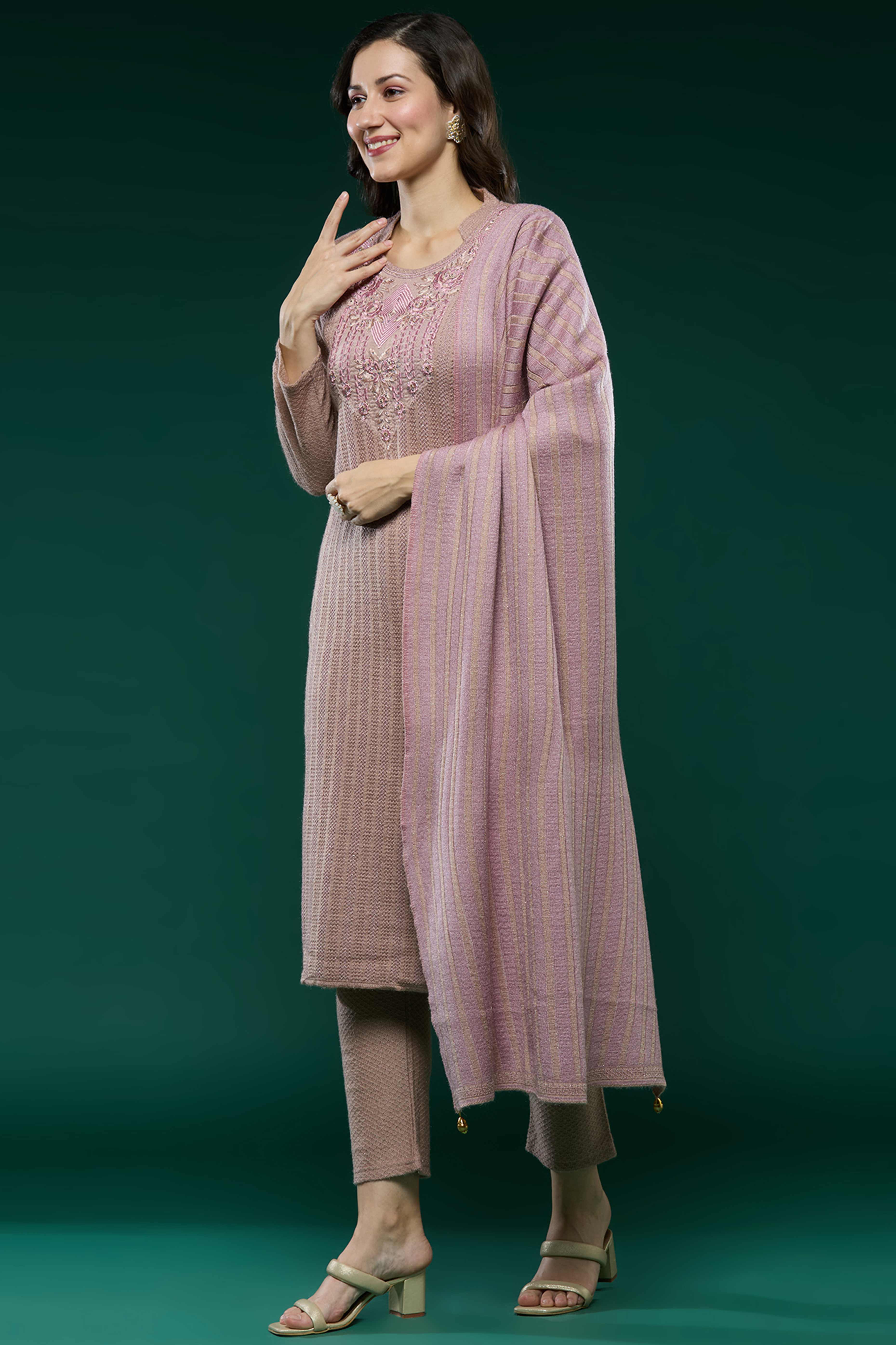 Peach Woven Woolen Straight Salwar Suit