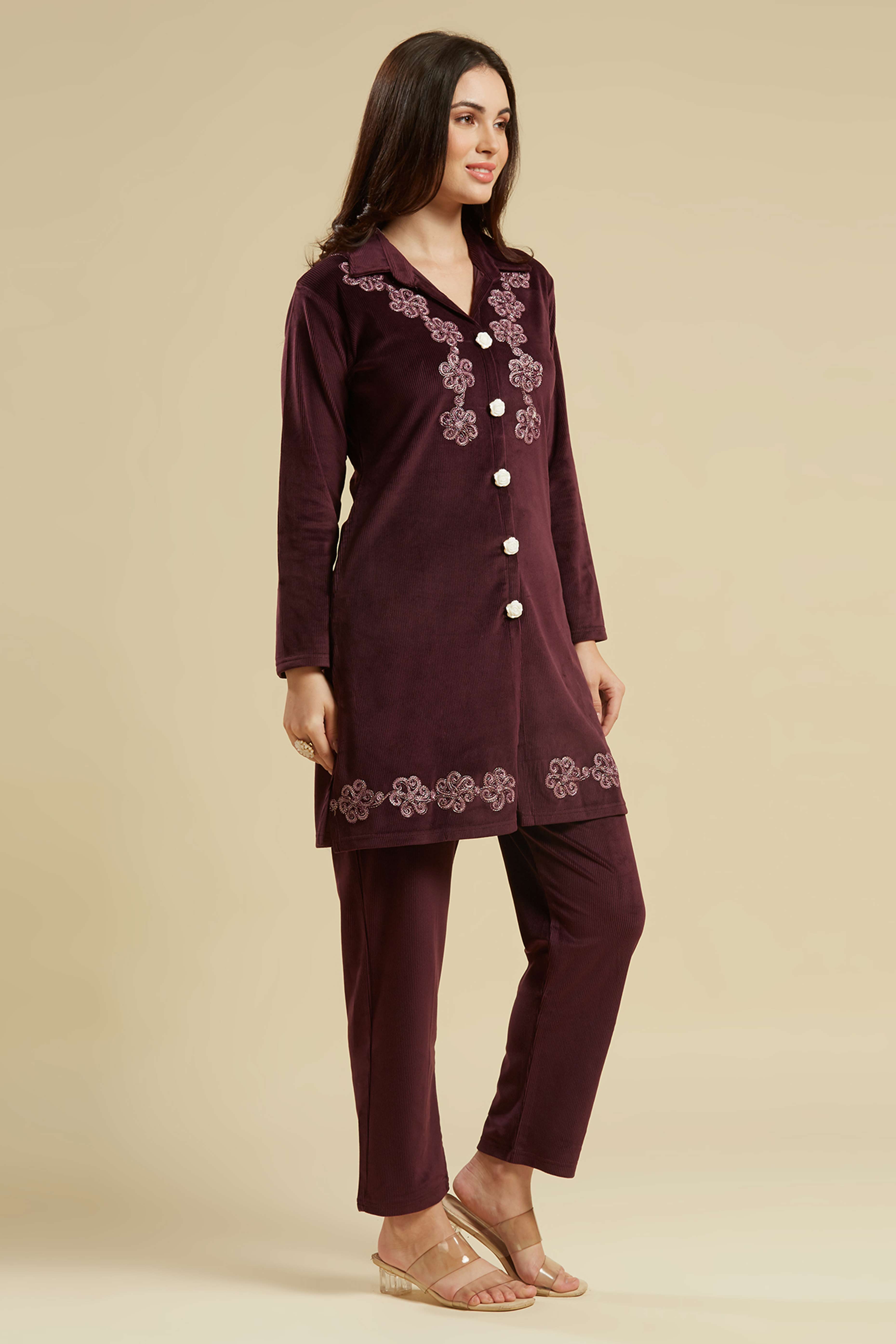Wine Embroidered Velvet A-Line Top Bottom Set