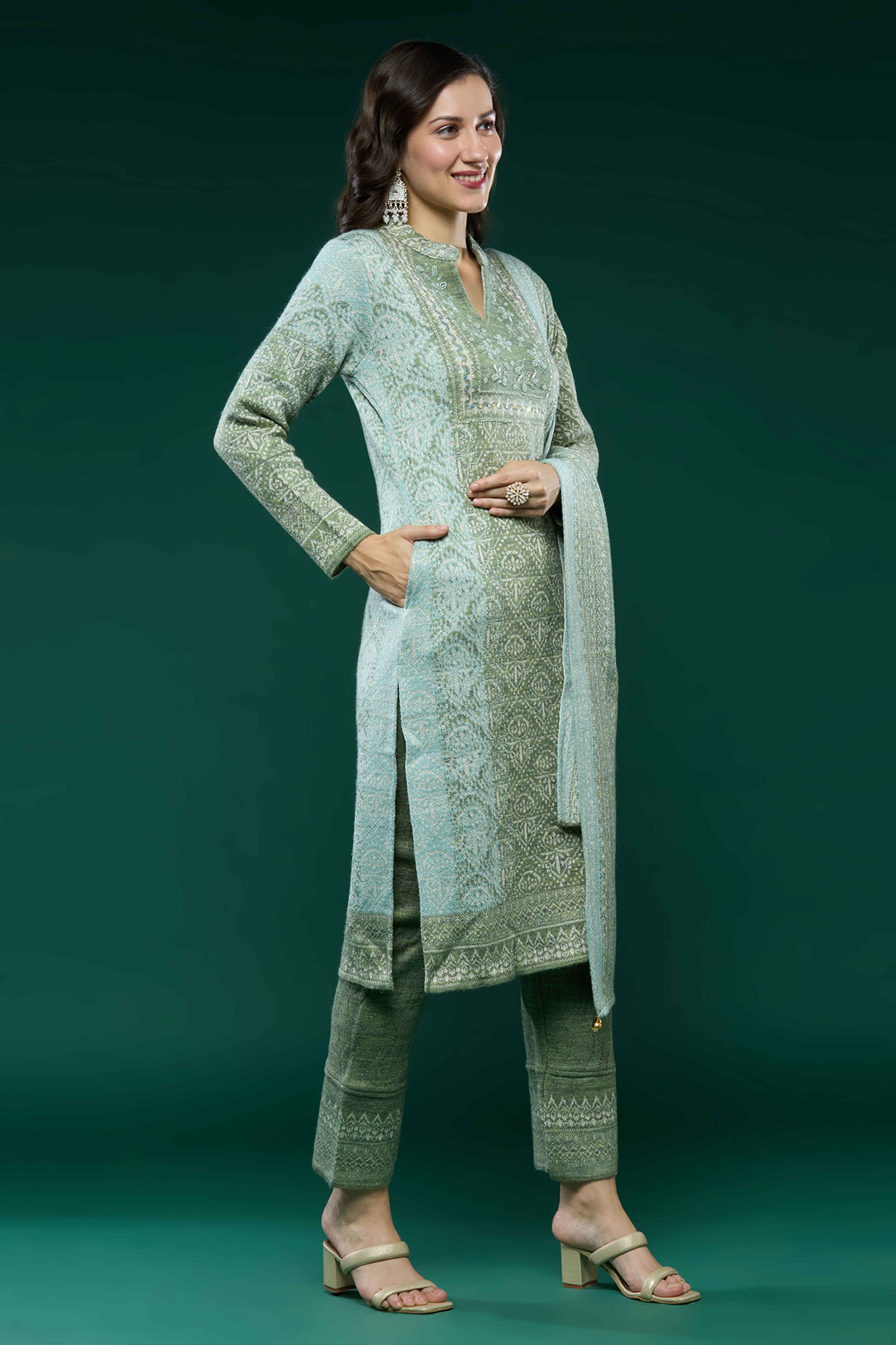 Green Woven Woolen Straight Salwar Suit