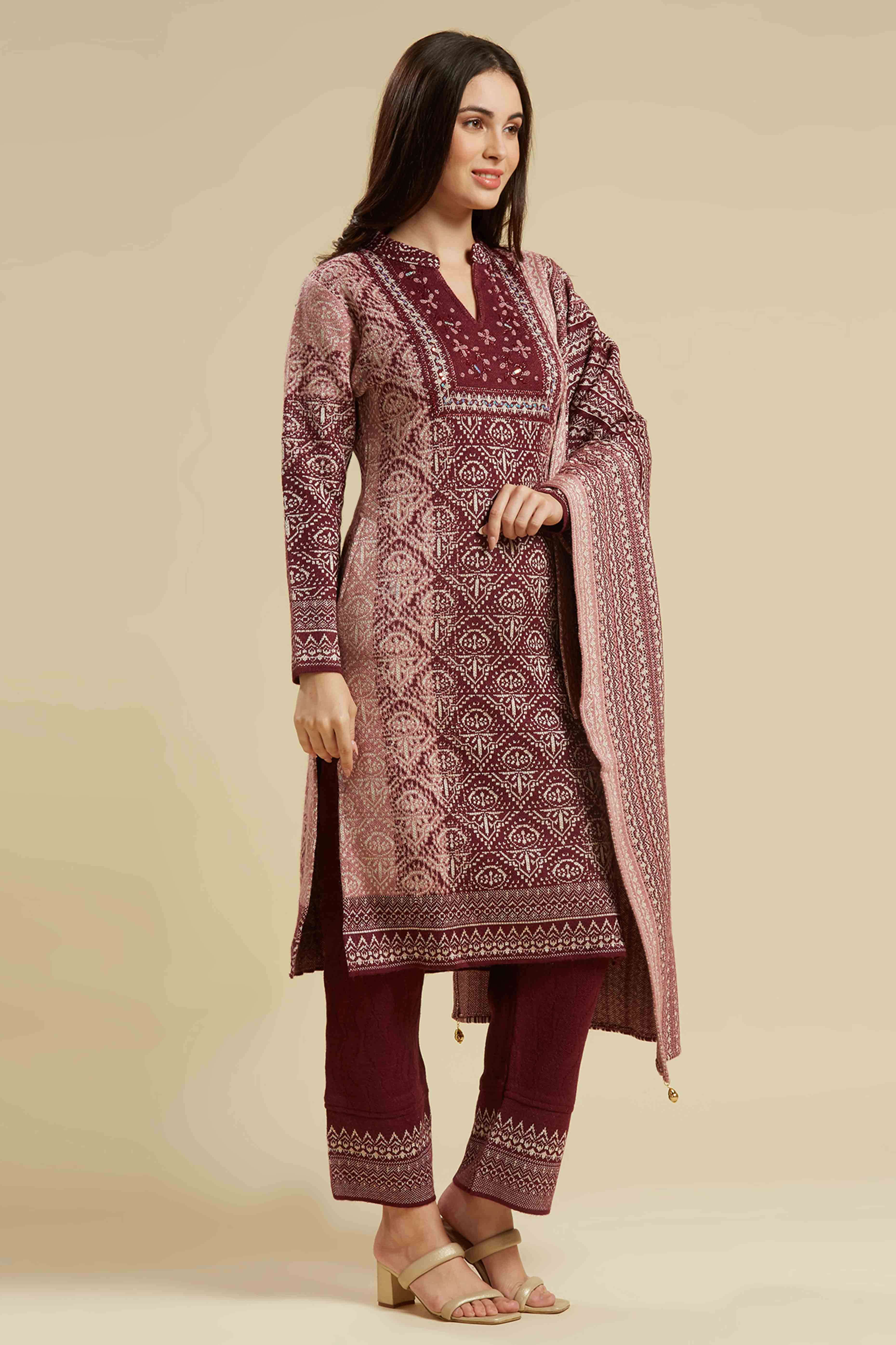 Wine Embroidered Woolen Straight Salwar Suit