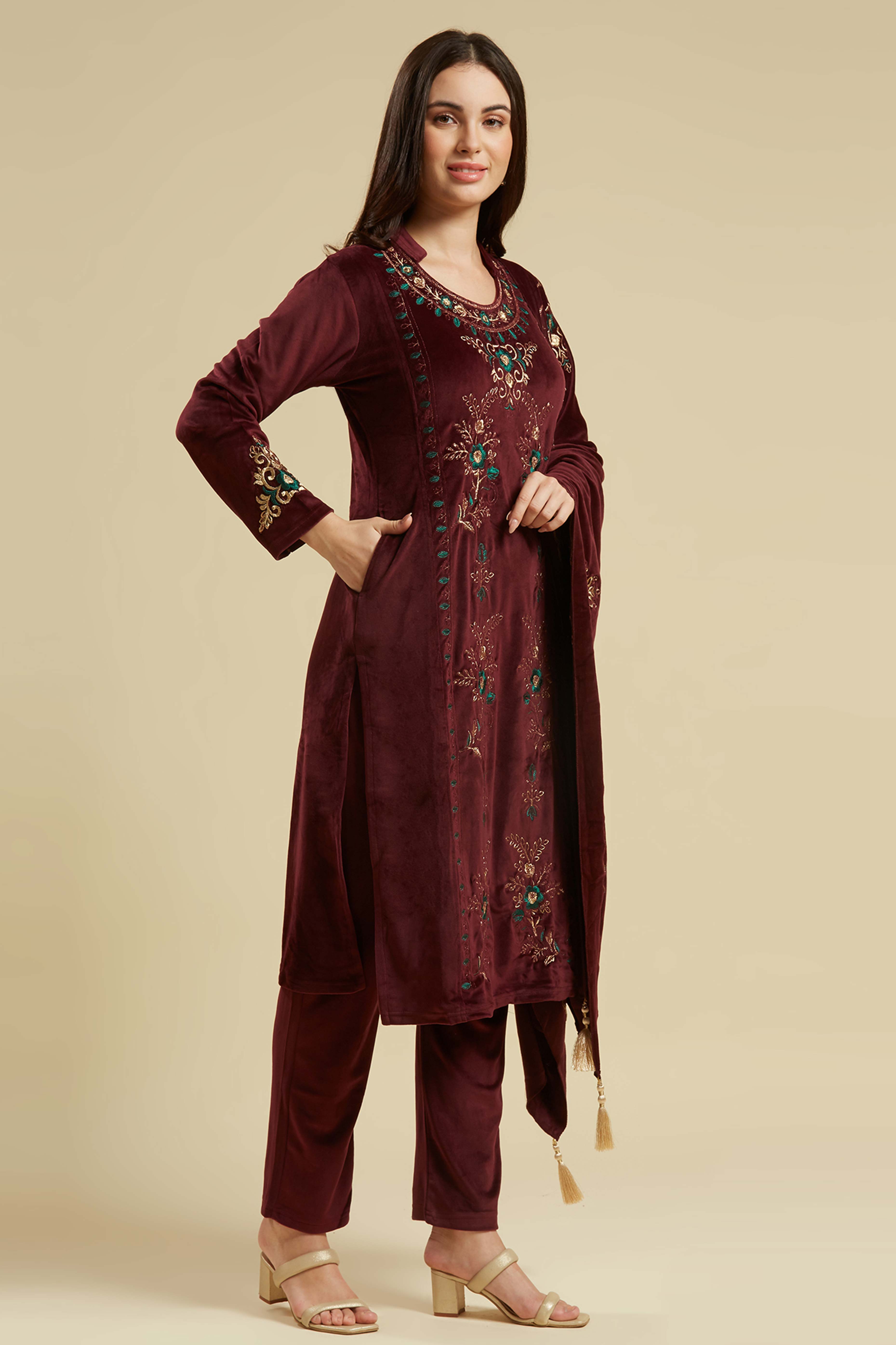Wine Embroidered Velvet Straight Salwar Suit