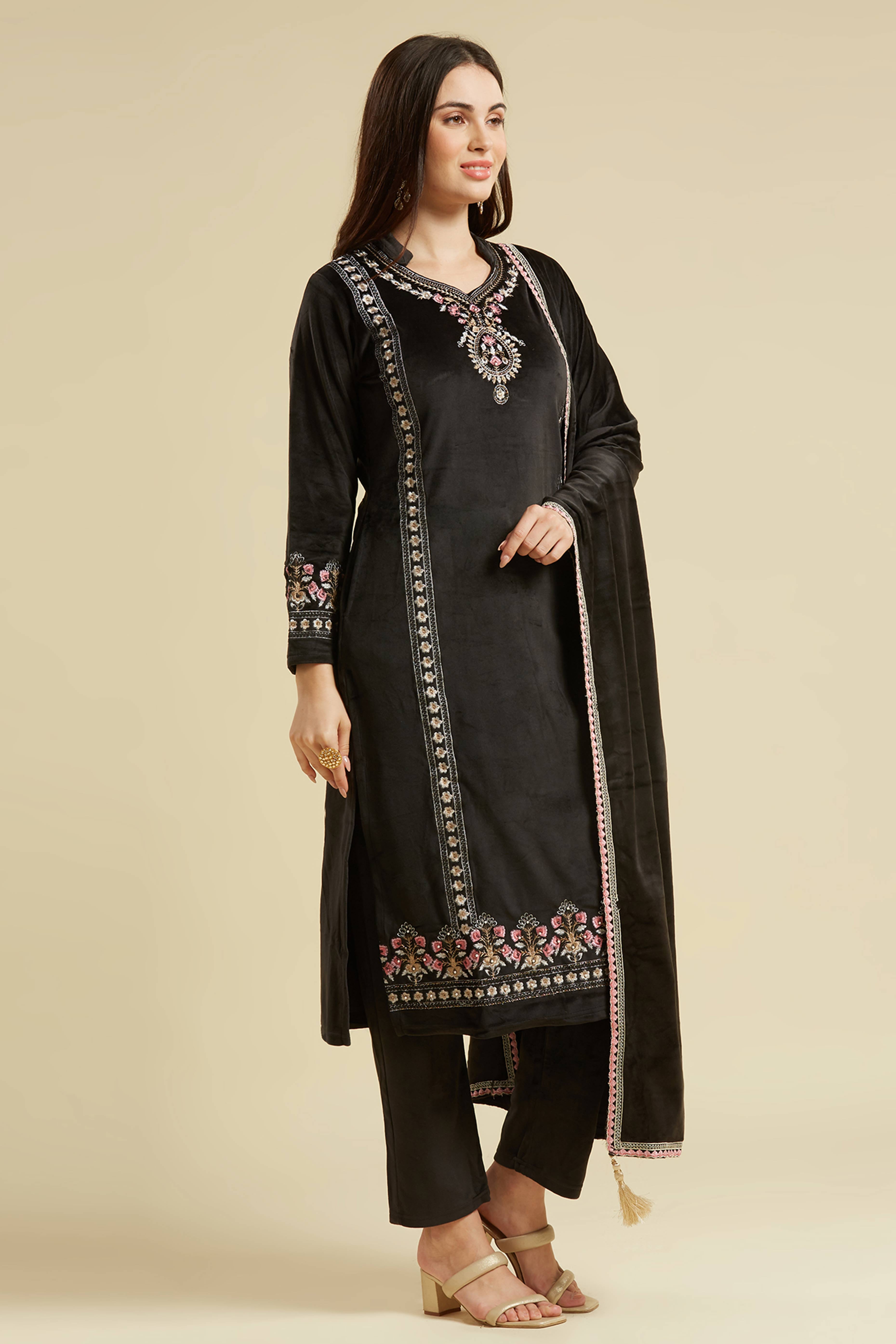 Black Embroidered Velvet Straight Salwar Suit