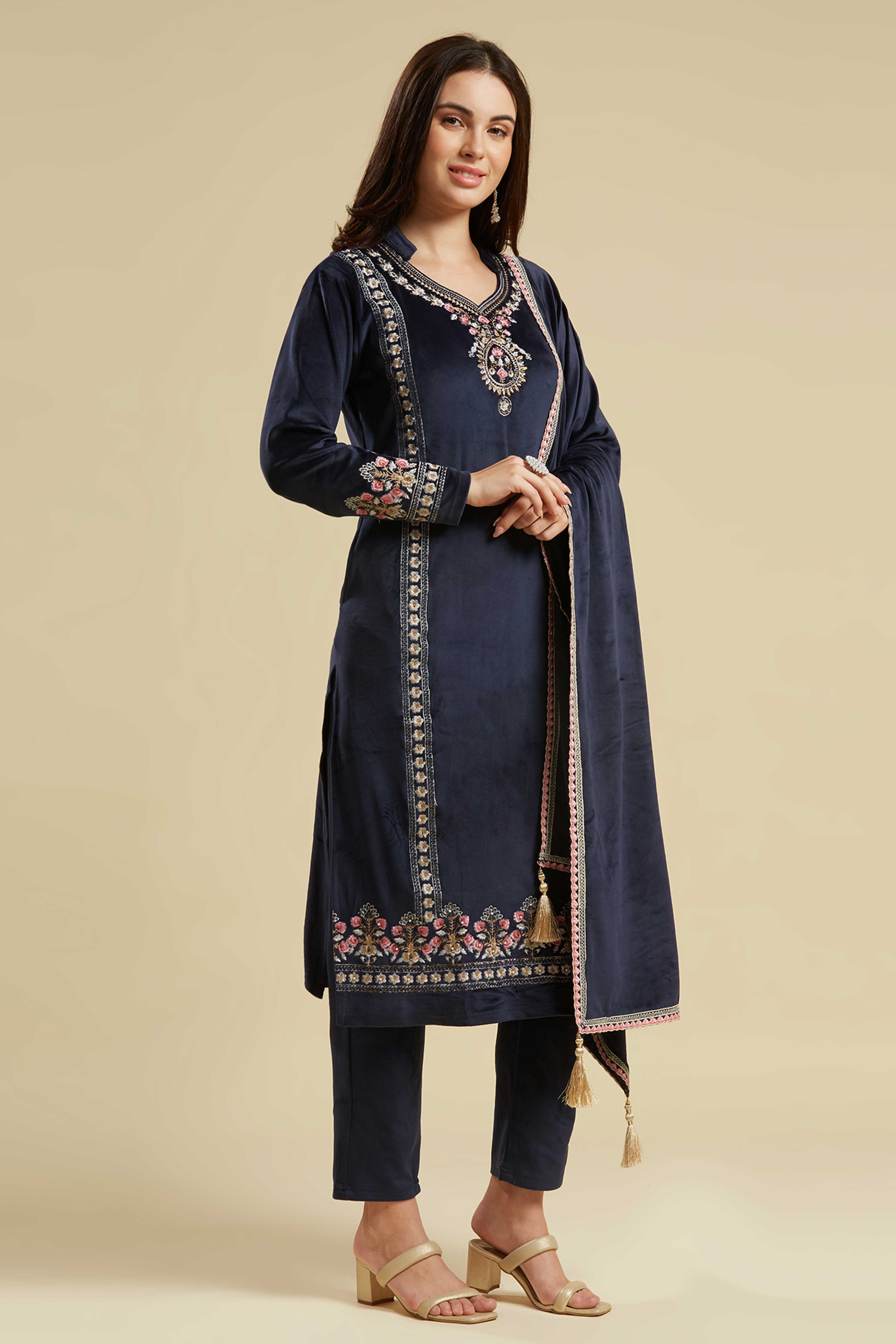 Navy Blue Embroidered Velvet Straight Salwar Suit