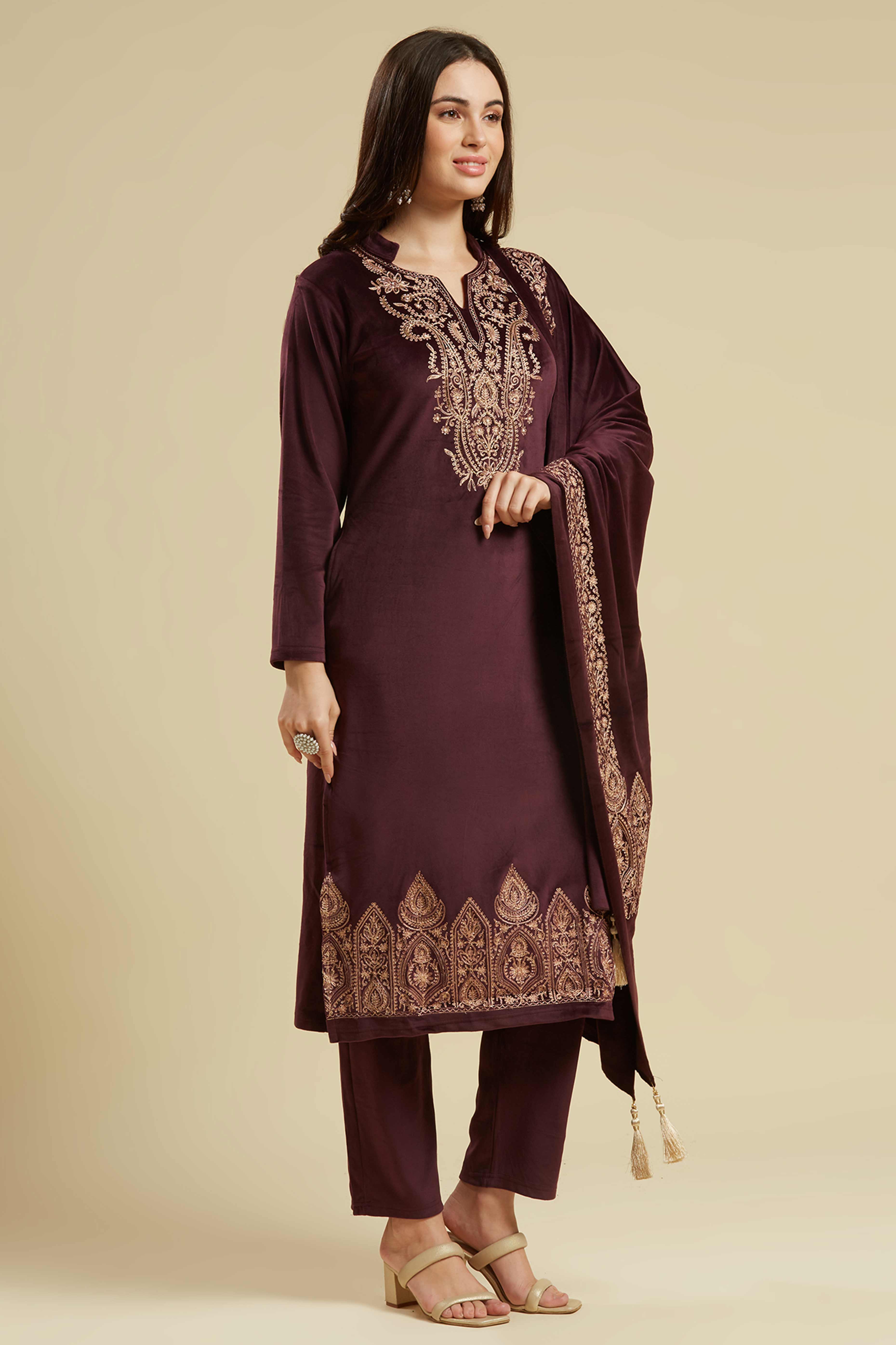 Wine Embroidered Velvet Straight Salwar Suit