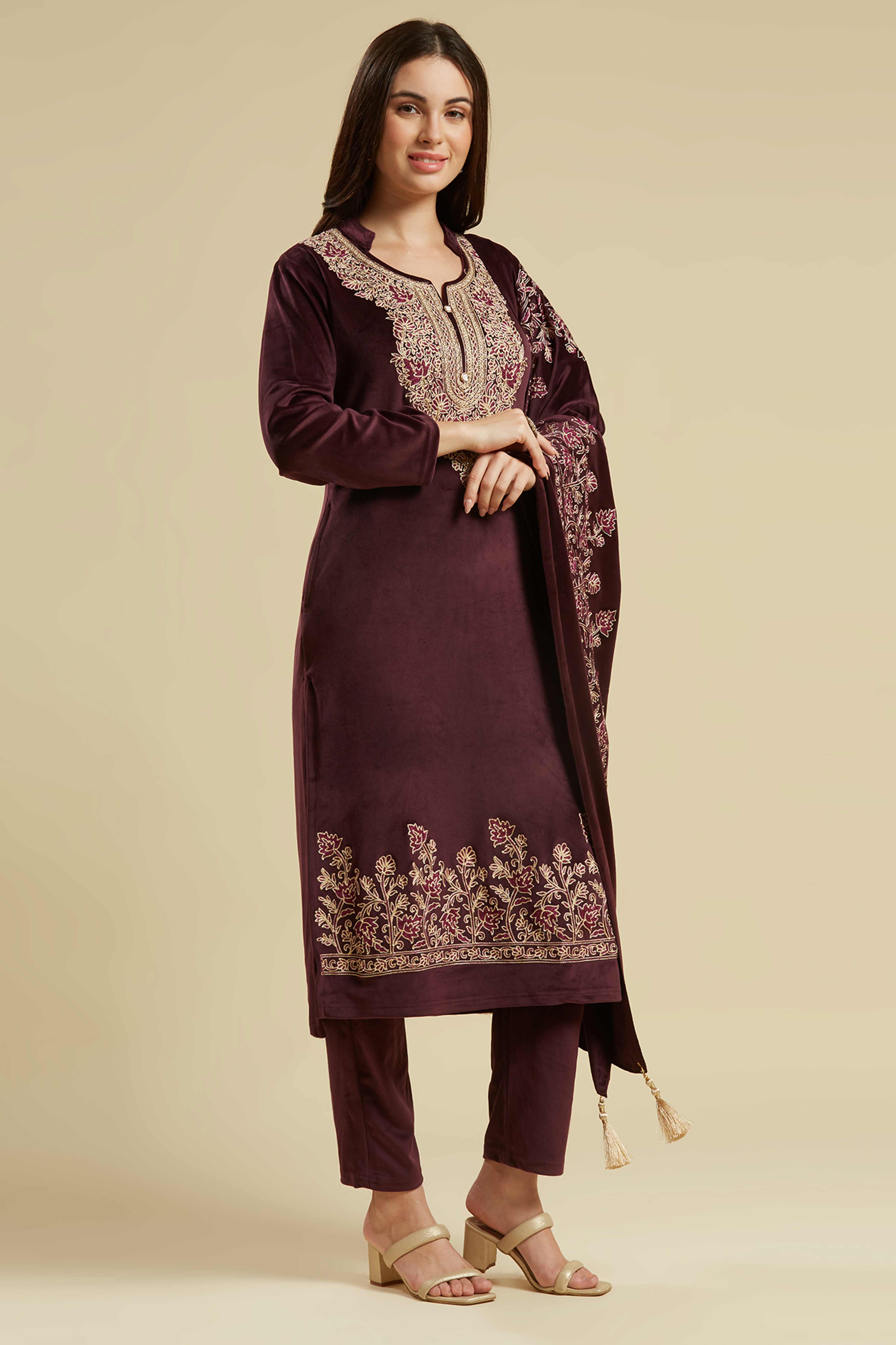 Wine Embroidered Velvet Straight Salwar Suit