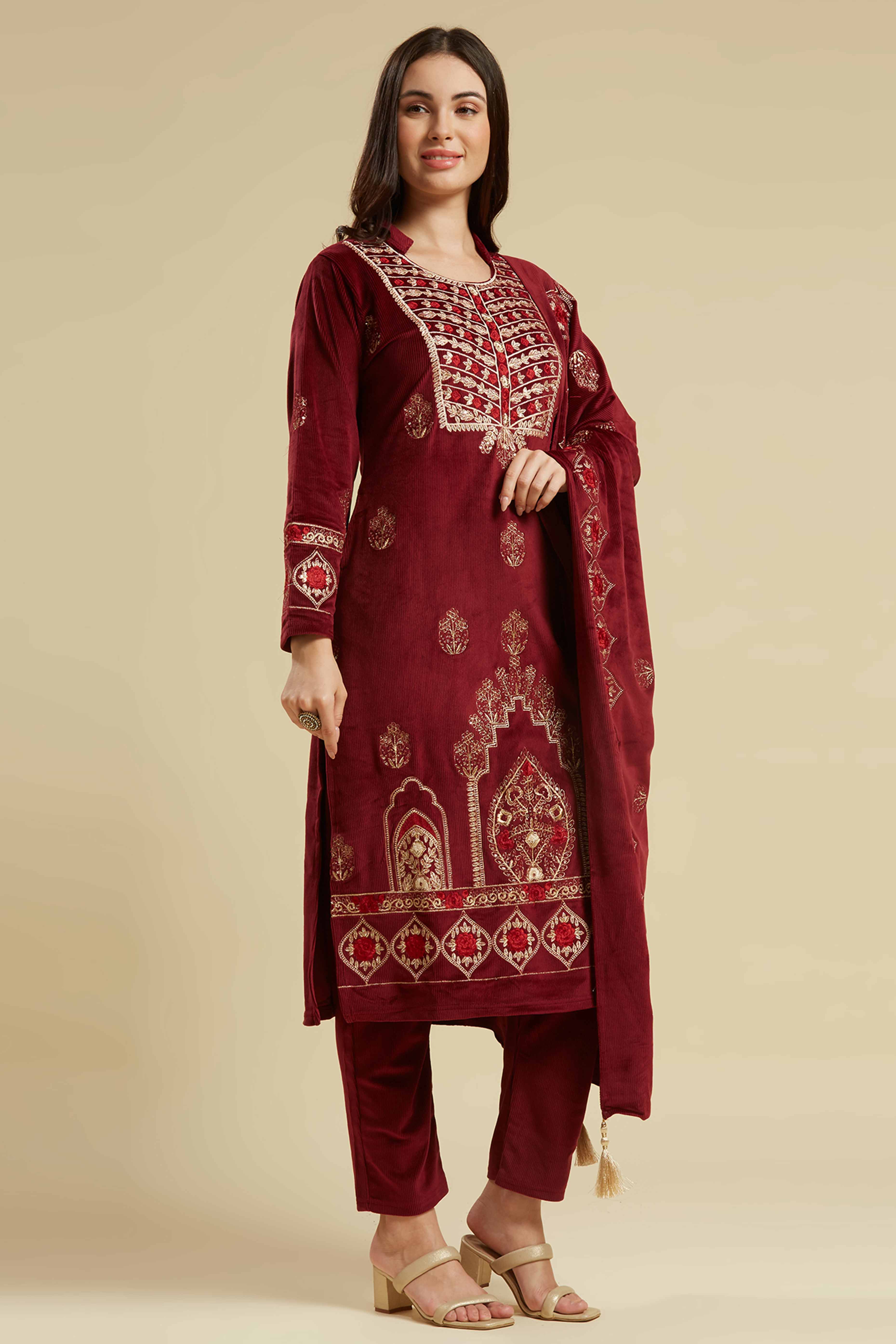 Maroon Embroidered Velvet Straight Salwar Suit