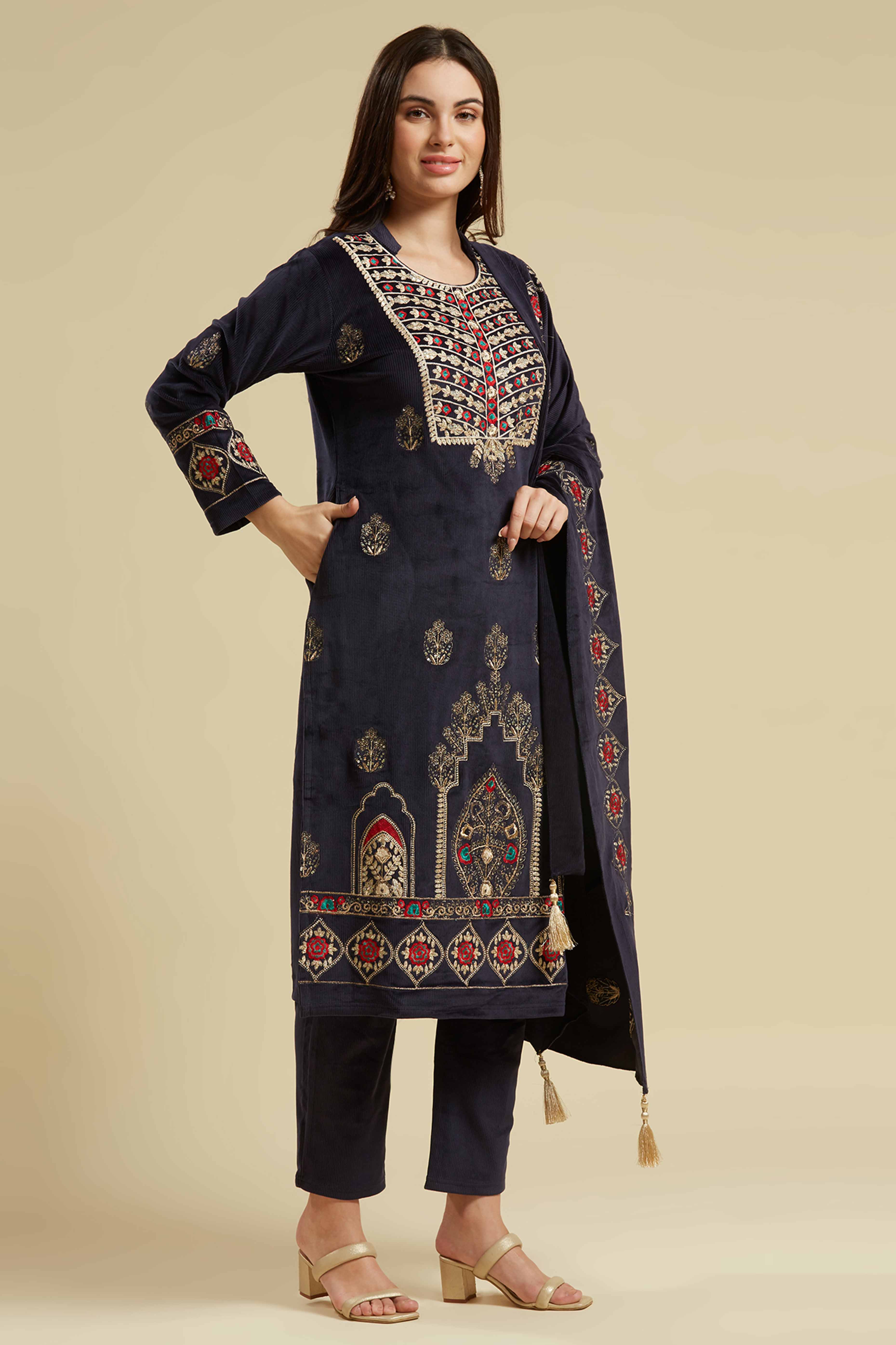 Navy Blue Embroidered Velvet Straight Salwar Suit