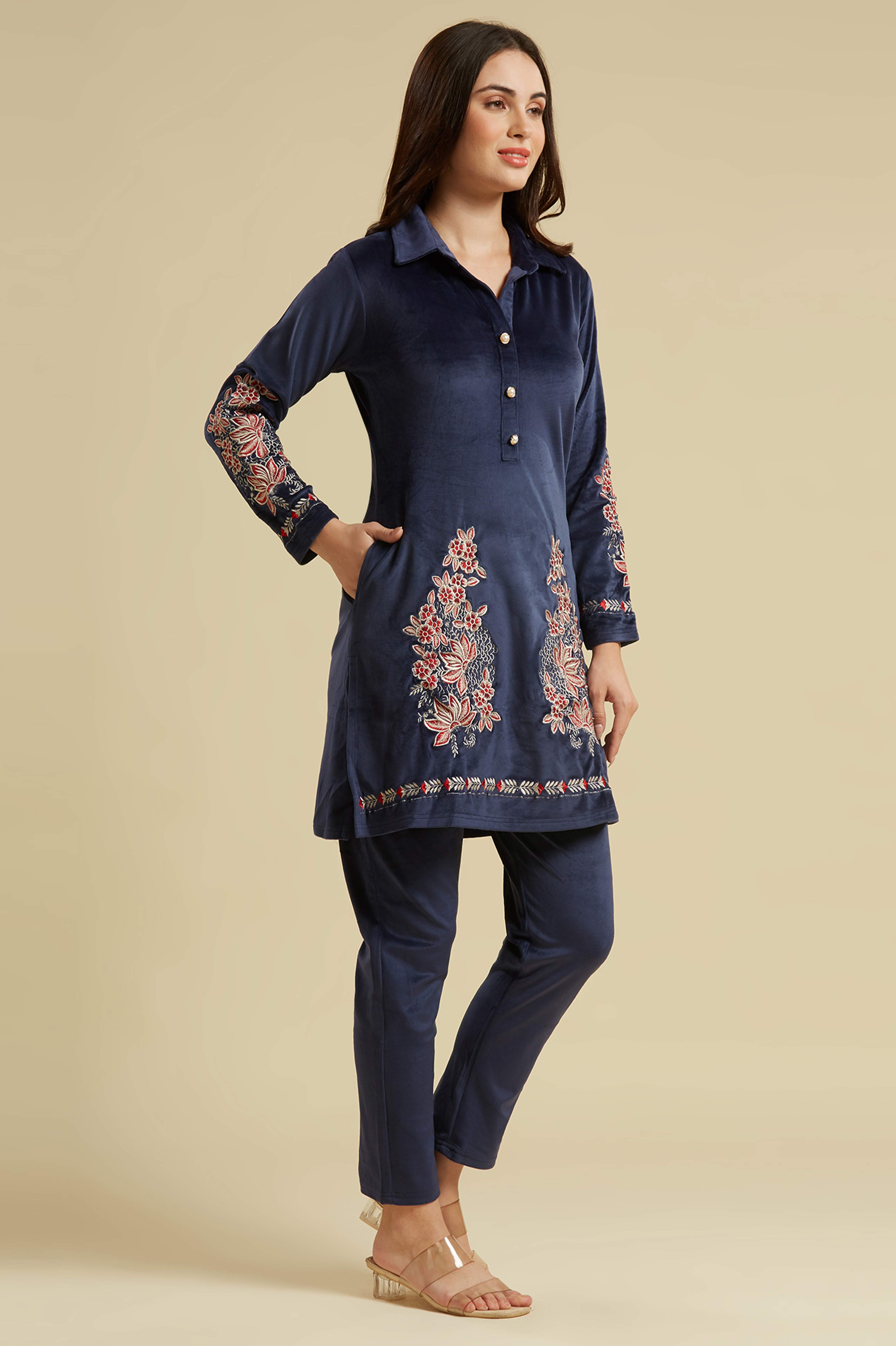 Navy Blue Embroidered Velvet Straight Top Bottom Set
