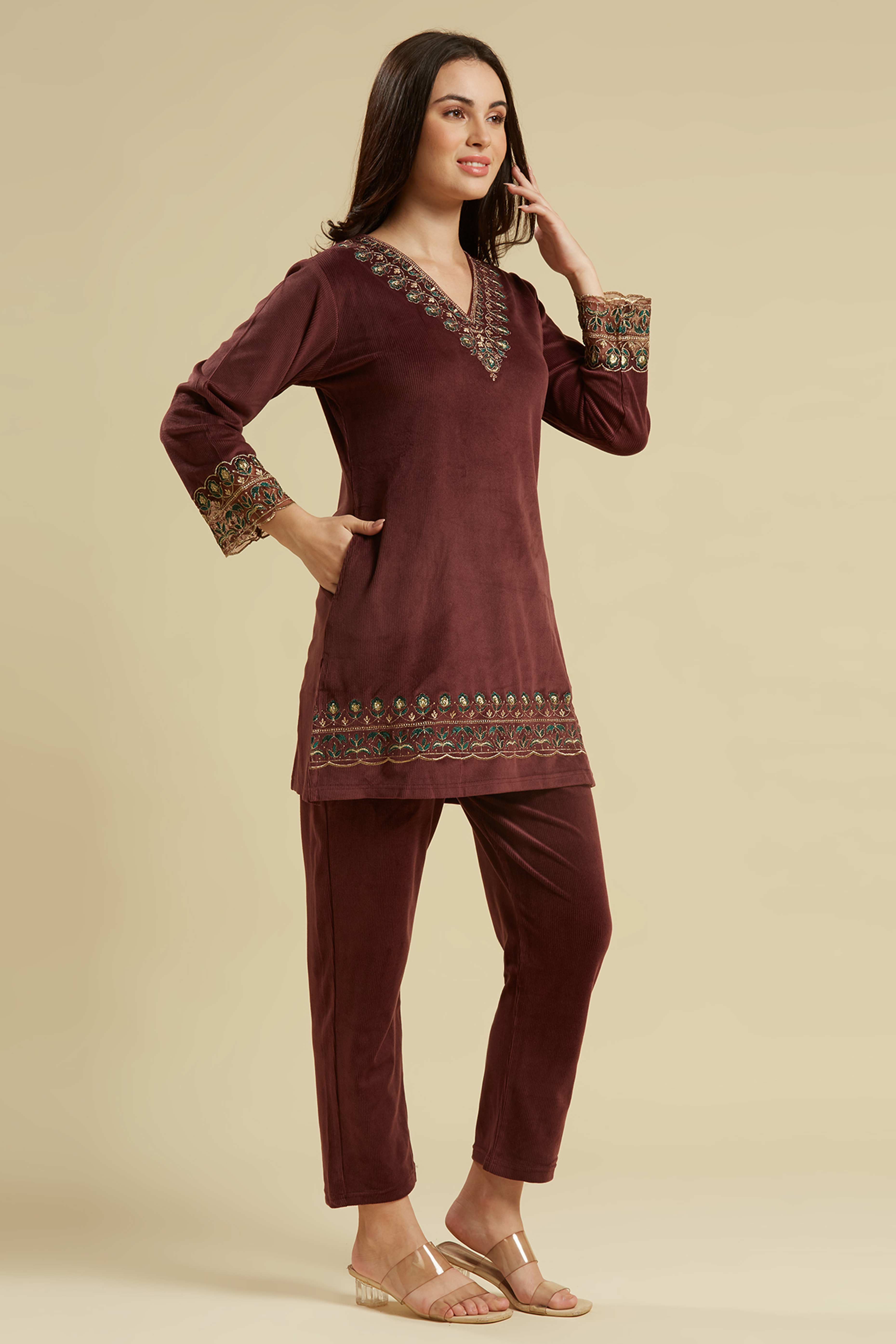 Brown Embroidered Velvet A-Line Top Bottom Set