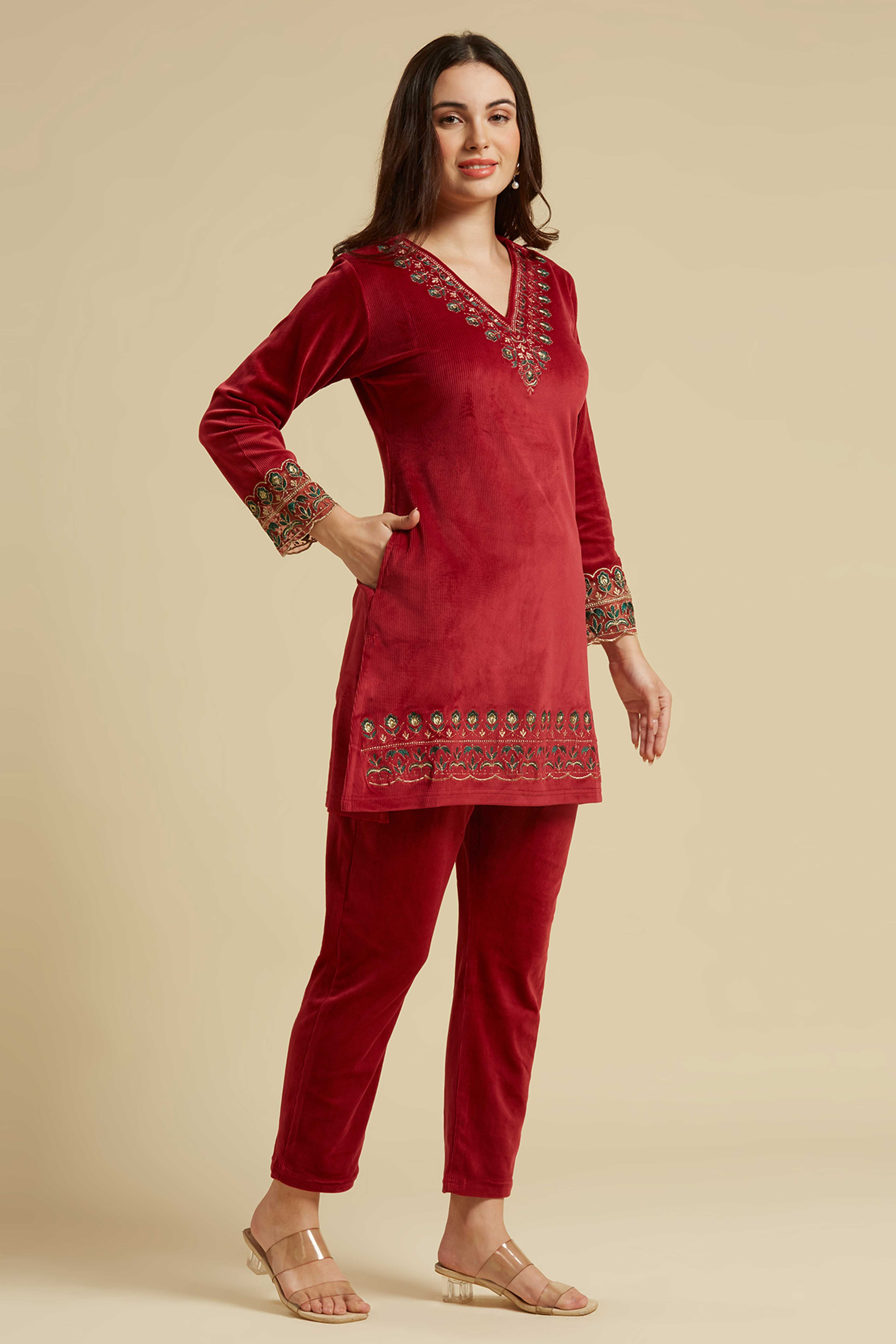 Maroon Embroidered Velvet A-Line Top Bottom Set