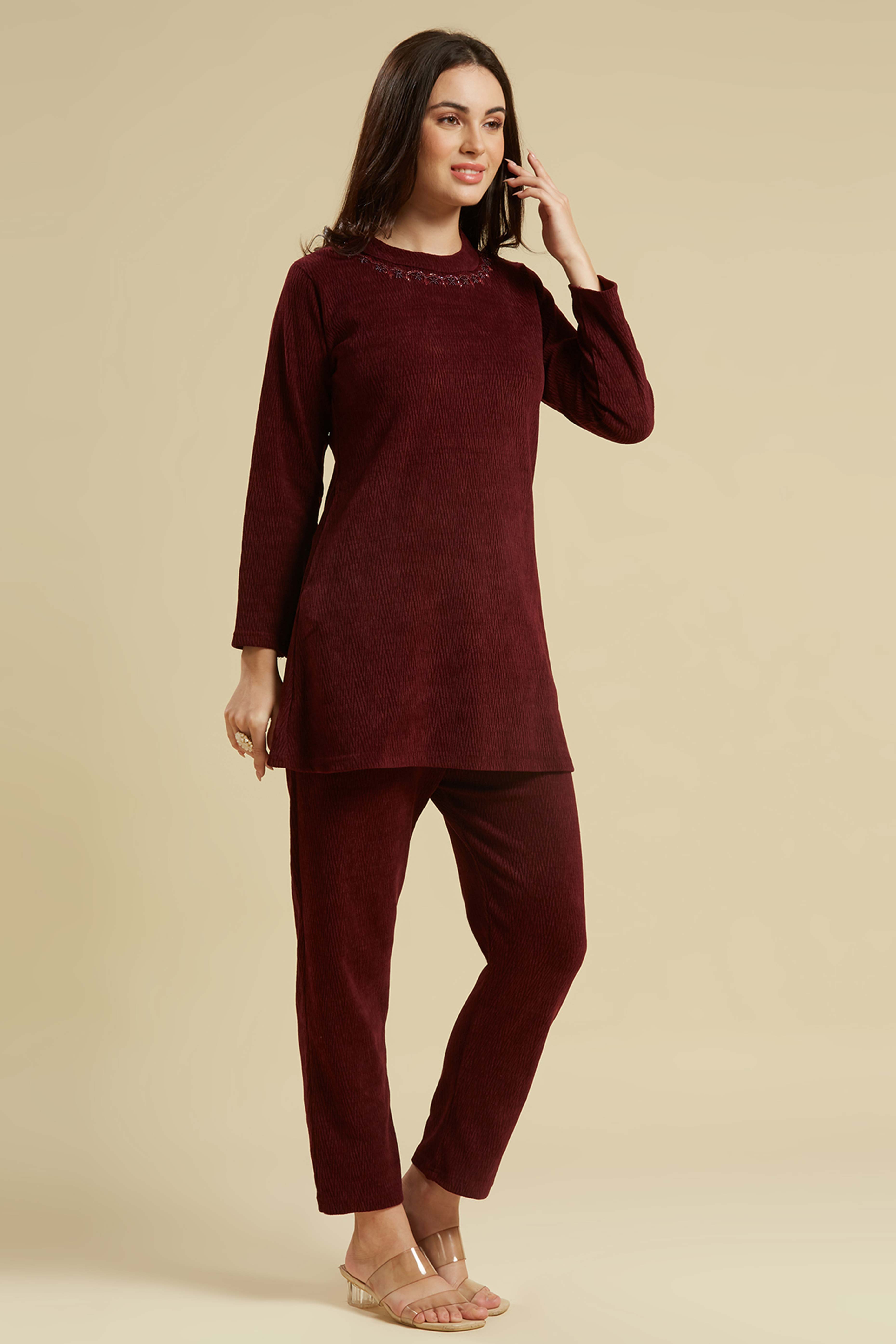 Maroon Woven Woolen A-Line Top Bottom Set