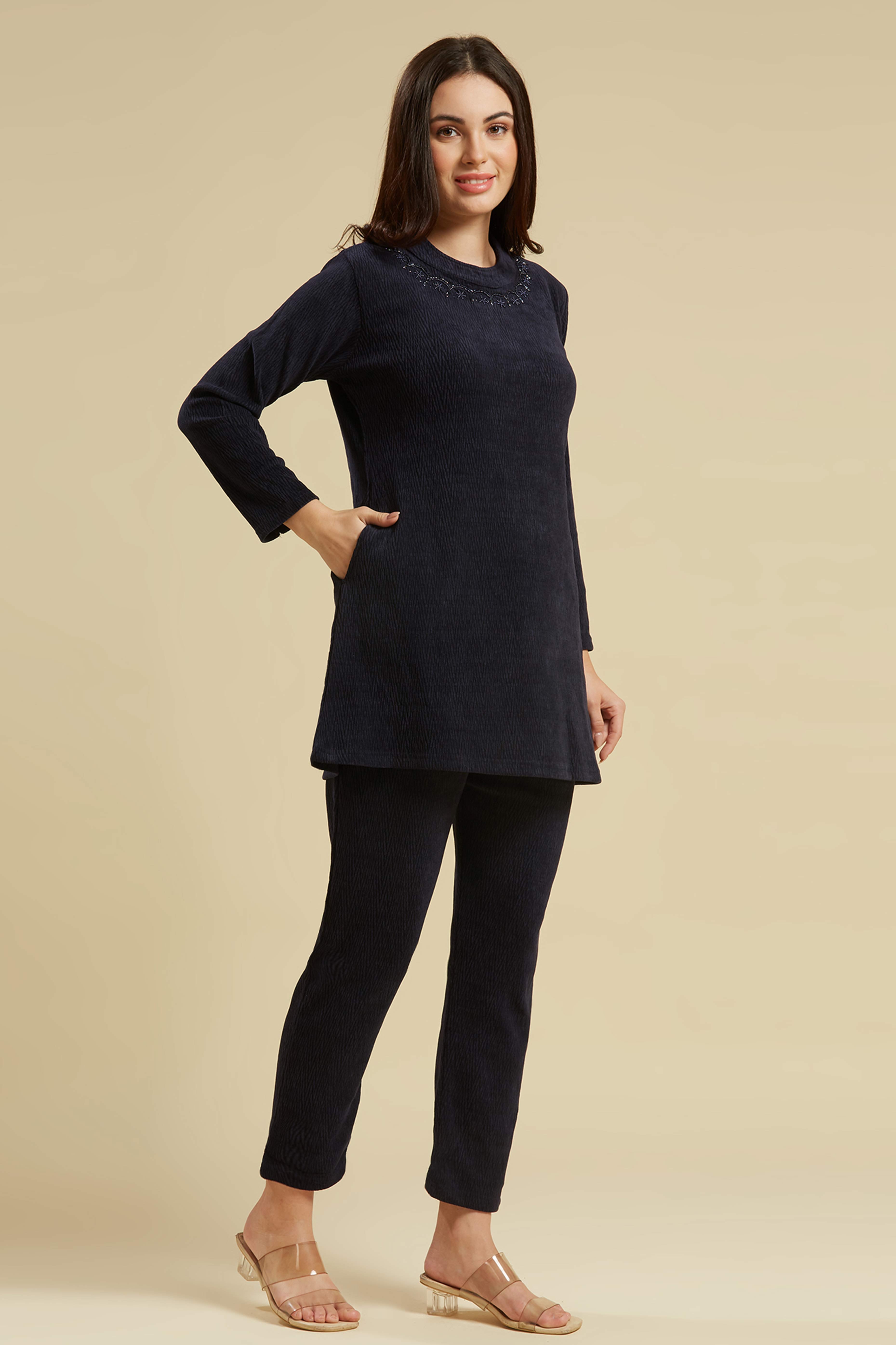 Navy Blue Woven Woolen A-Line Top Bottom Set