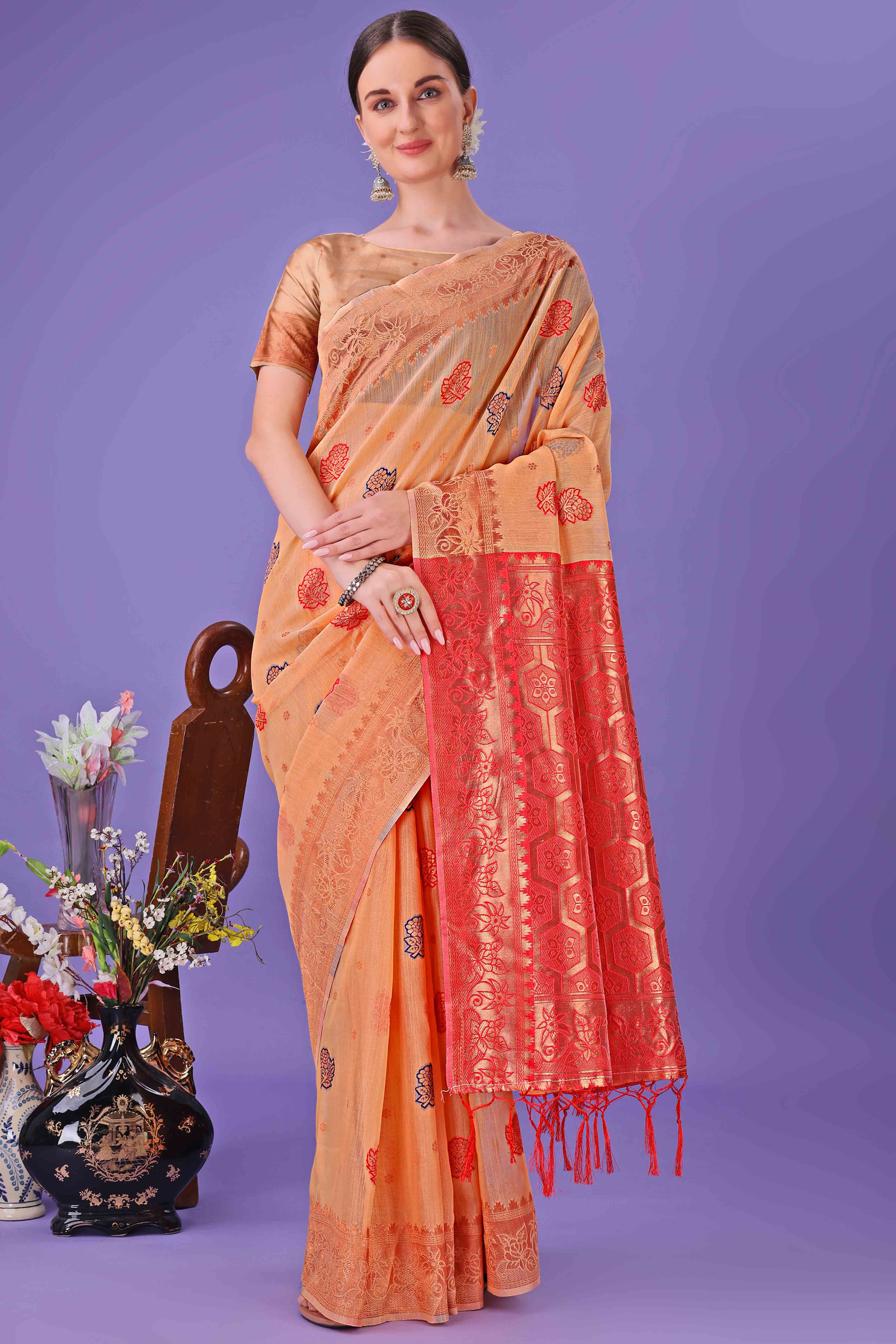 Orange with Floral Zari Weaving on a Linen Cotton Base