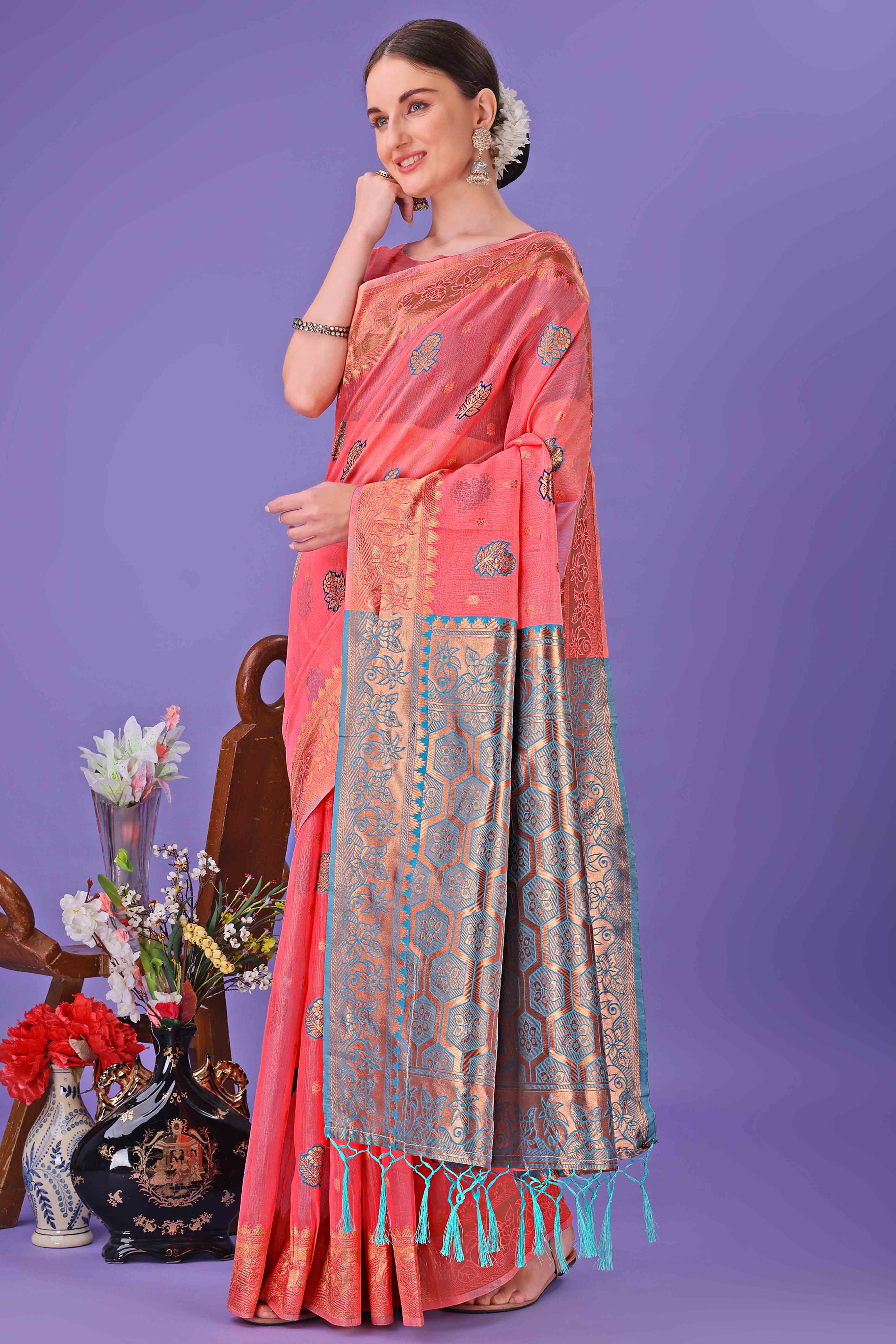 Peach Saree with Floral Zari Weaving on a Linen Cotton Base